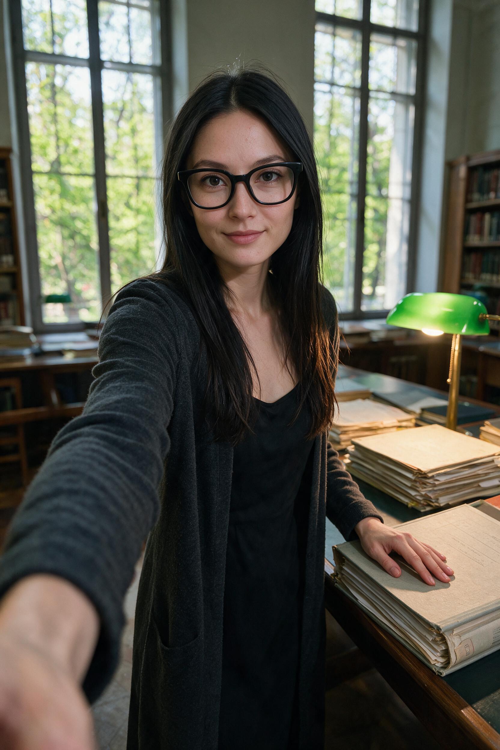 Novelist at library desk, free hand on archive folder under green lamp