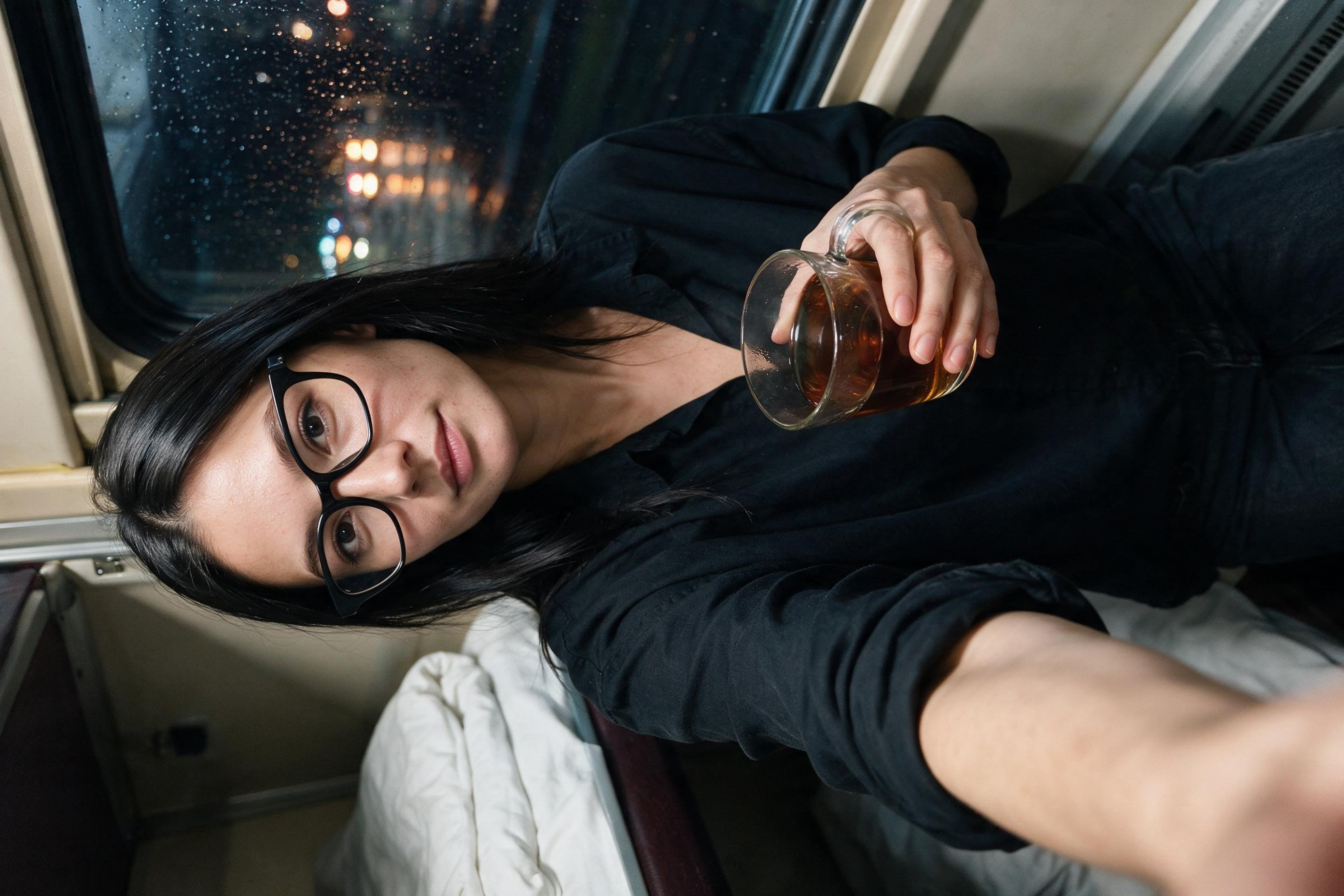 Me with a tea glass in the sleeper on the night train to Kyiv.