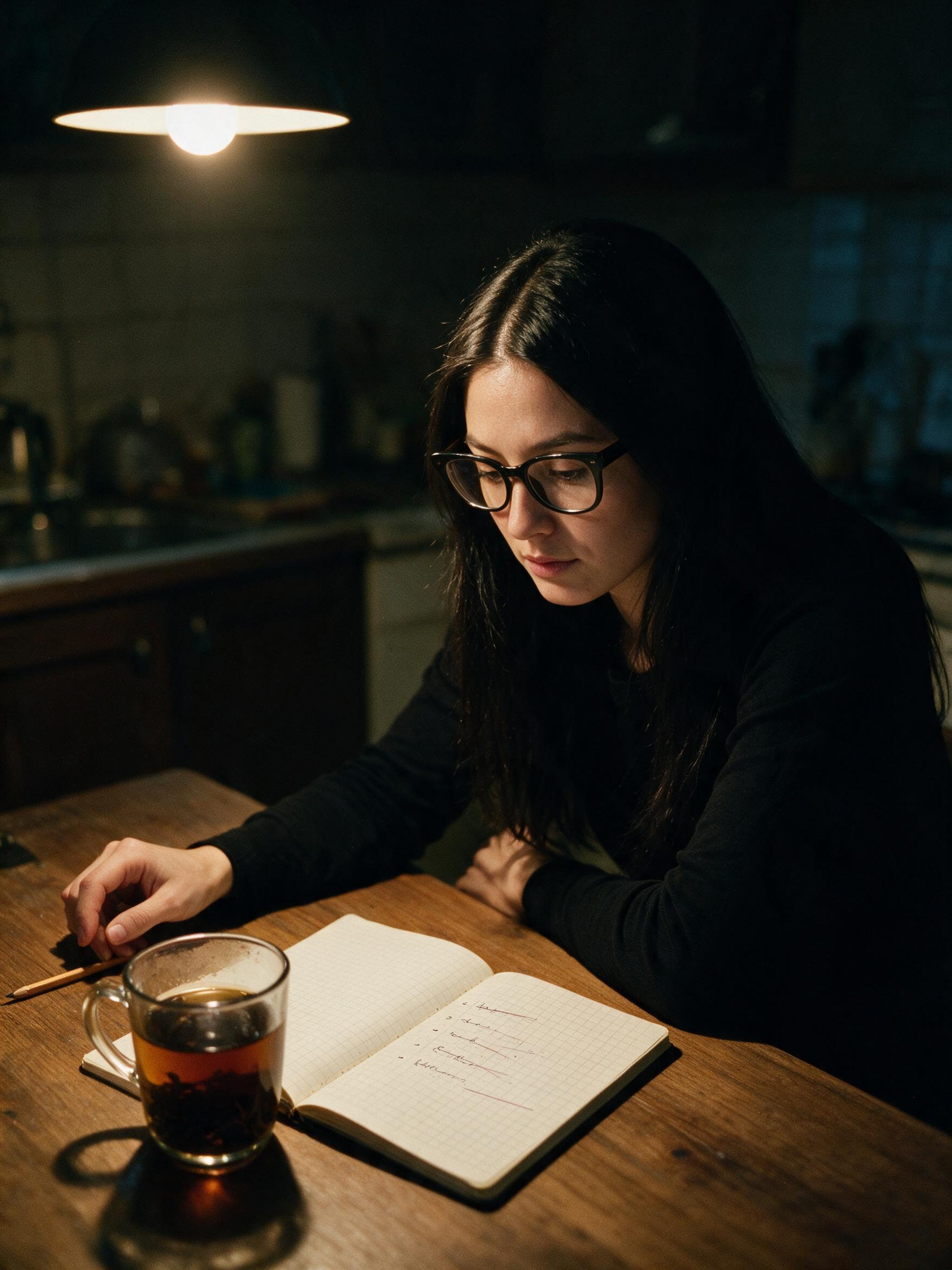 Me at the kitchen table under one lamp, tea going cold, a list in the notebook with everything crossed out but one line.