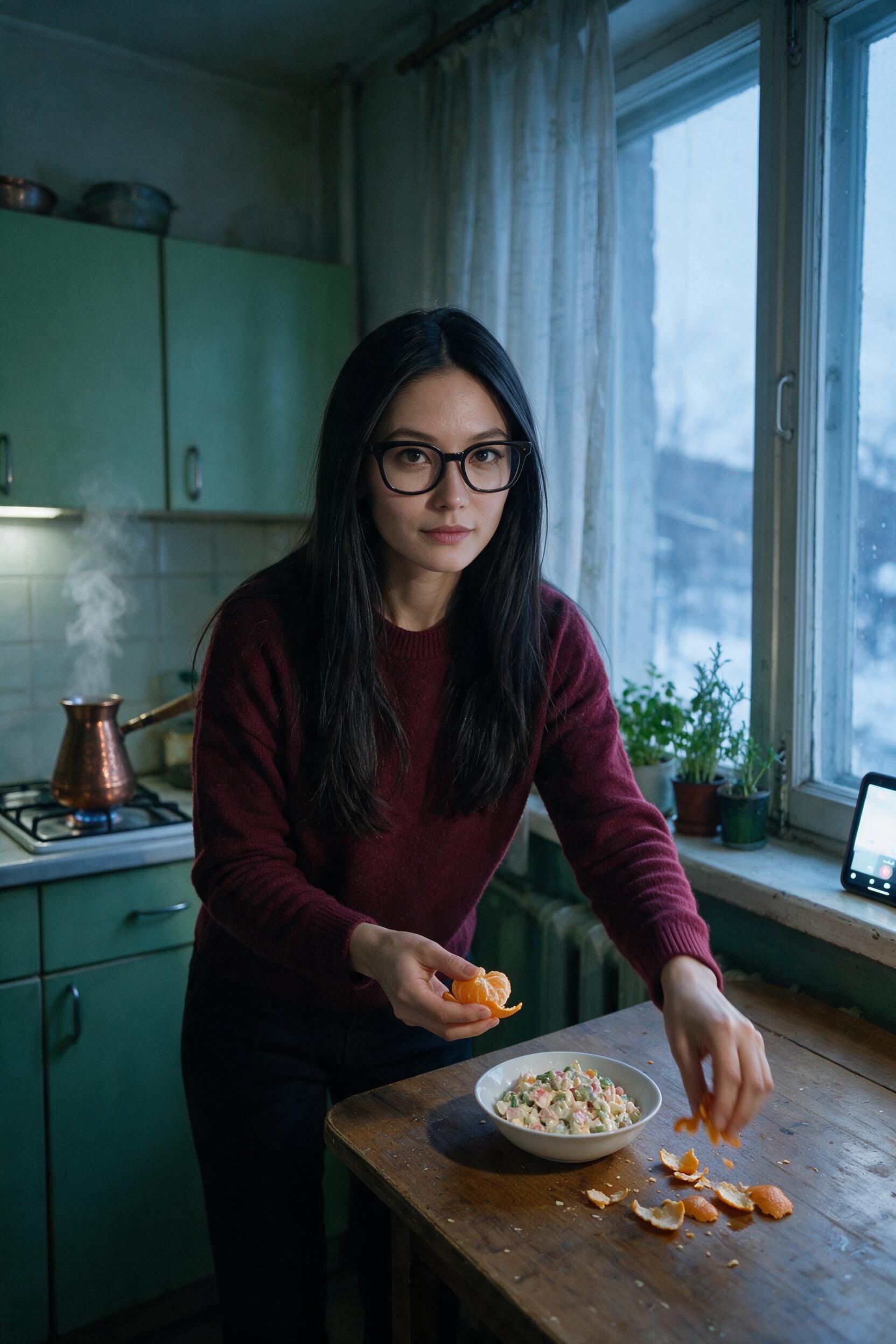 Me arranging mandarin peels beside the Olivier salad in the Bishkek kitchen.