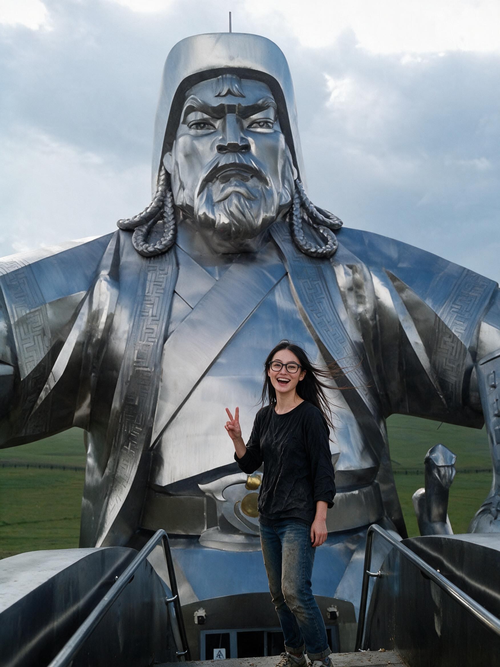 Me laughing at the railing in the mane of the giant steel horse, steppe far below.