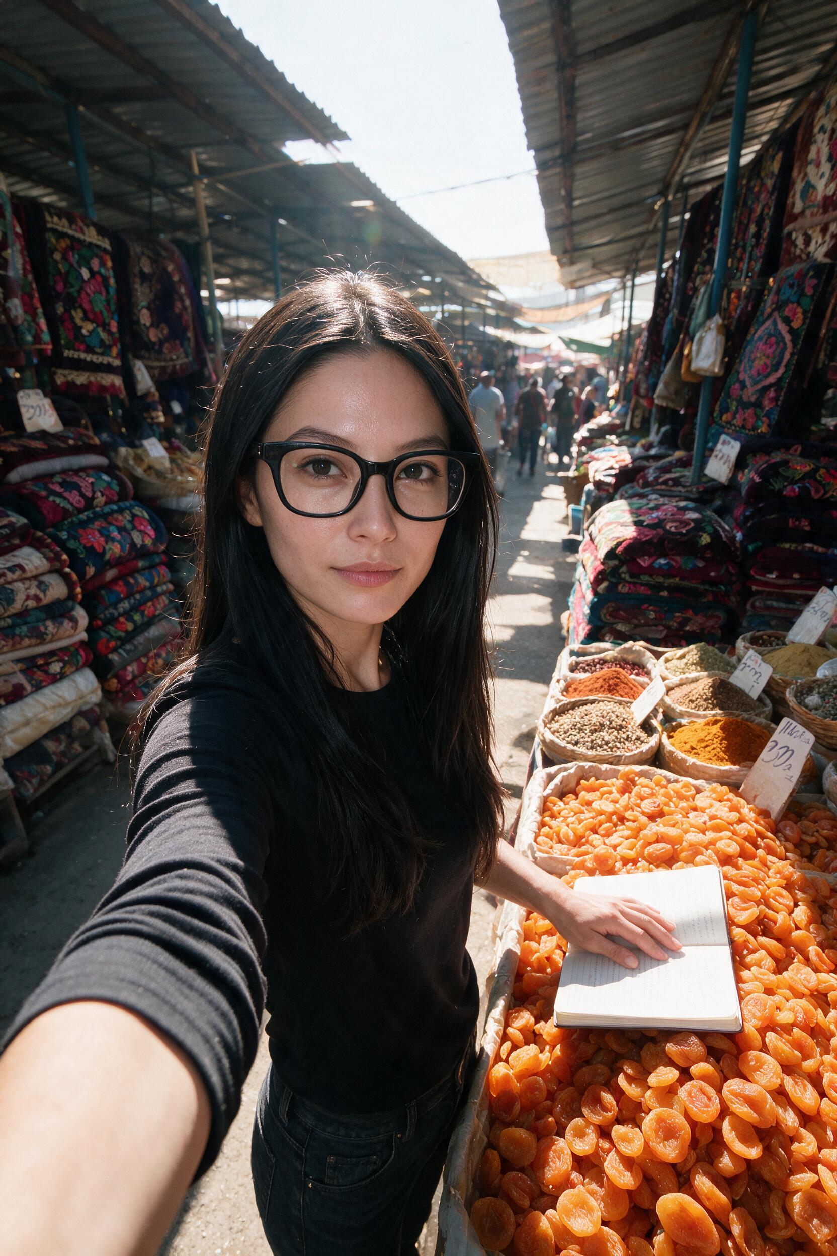 Woman at Osh bazaar with notebook against dried apricots in heat