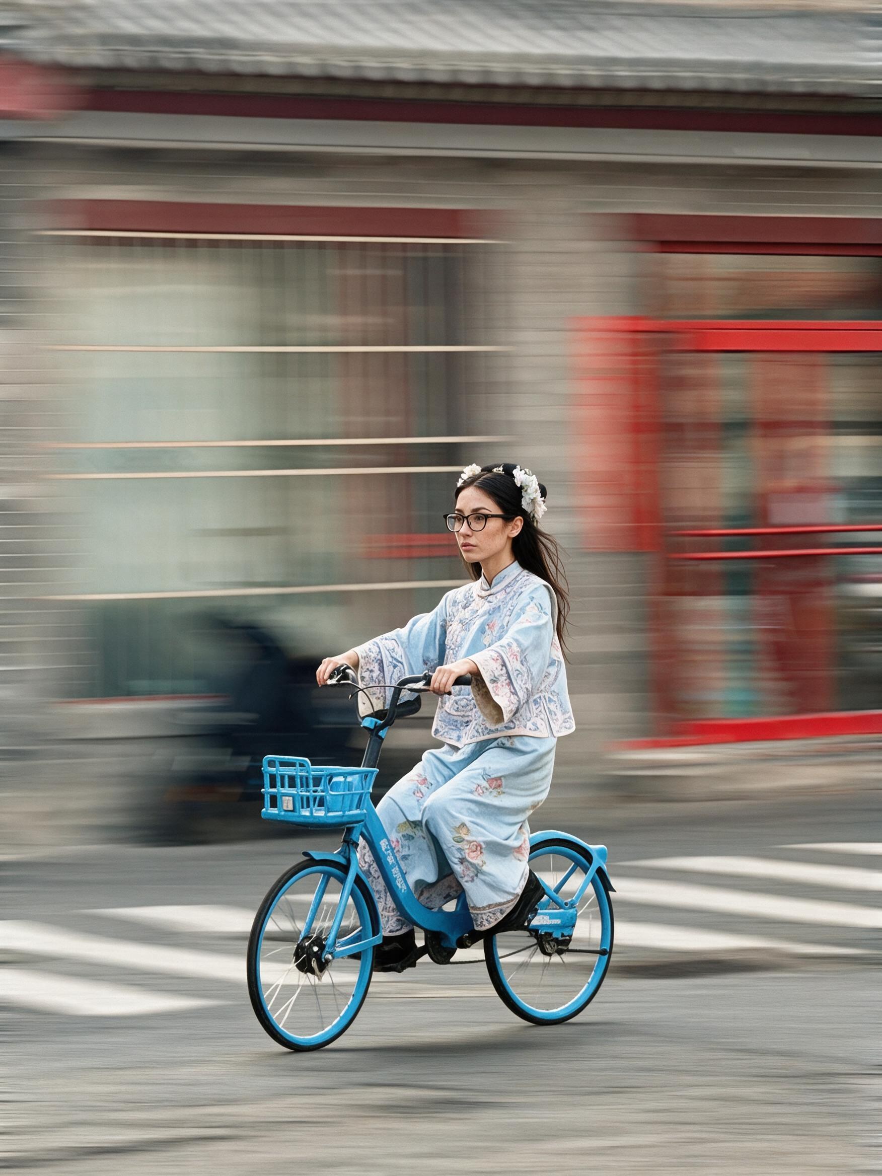 Me in a light blue embroidered Qing robe on a blue share bike past a blurred hutong wall.