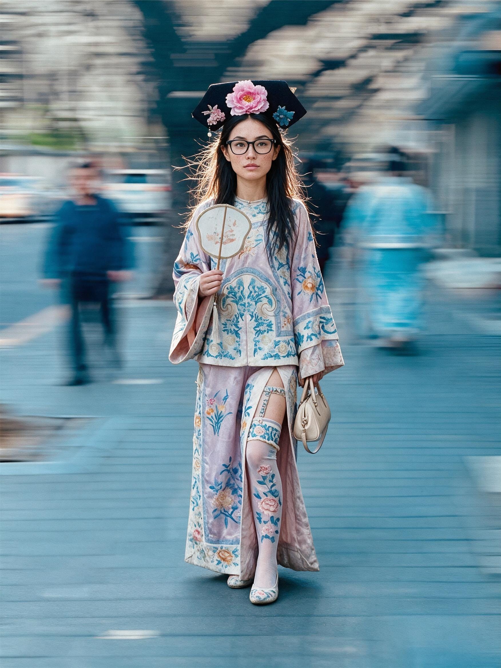 Me in pink and blue Qing costume with peony headdress, walking toward the camera, street blurred.