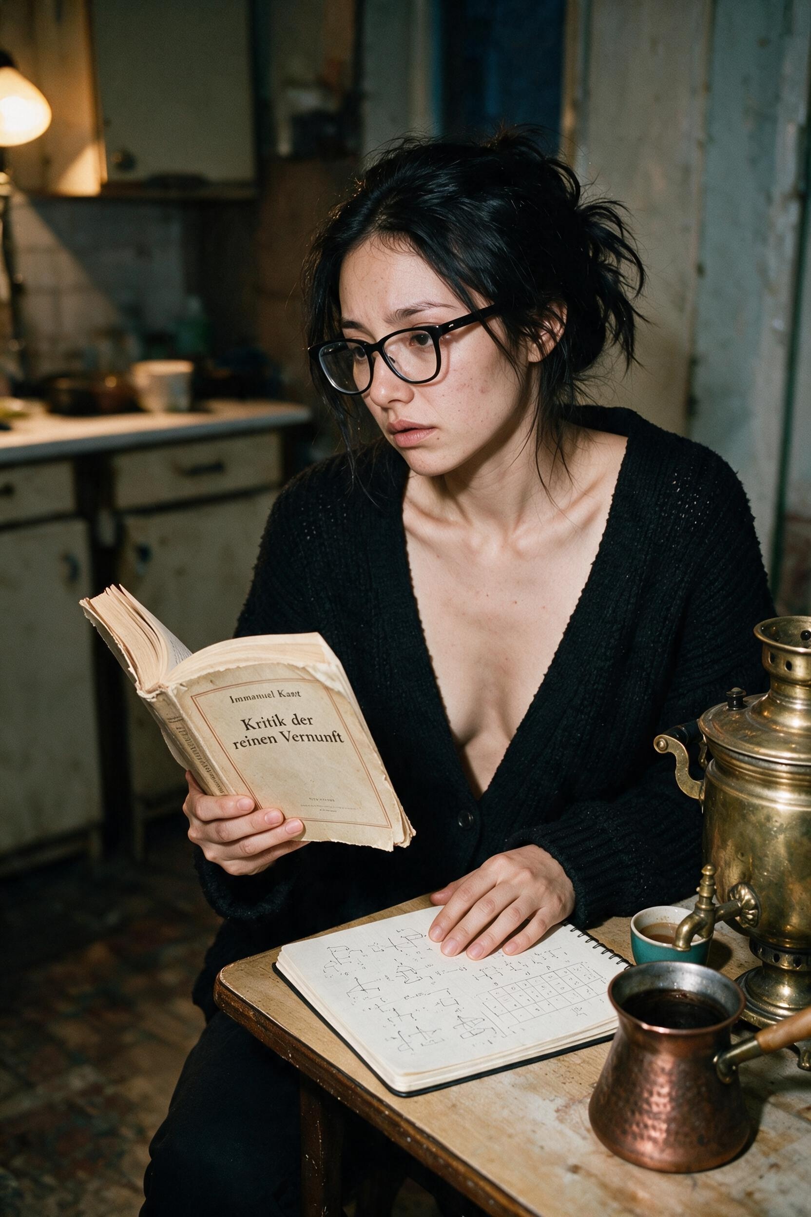 Me well after midnight, half asleep in the old black cardigan, Kant in one hand, the diagrams not improving.