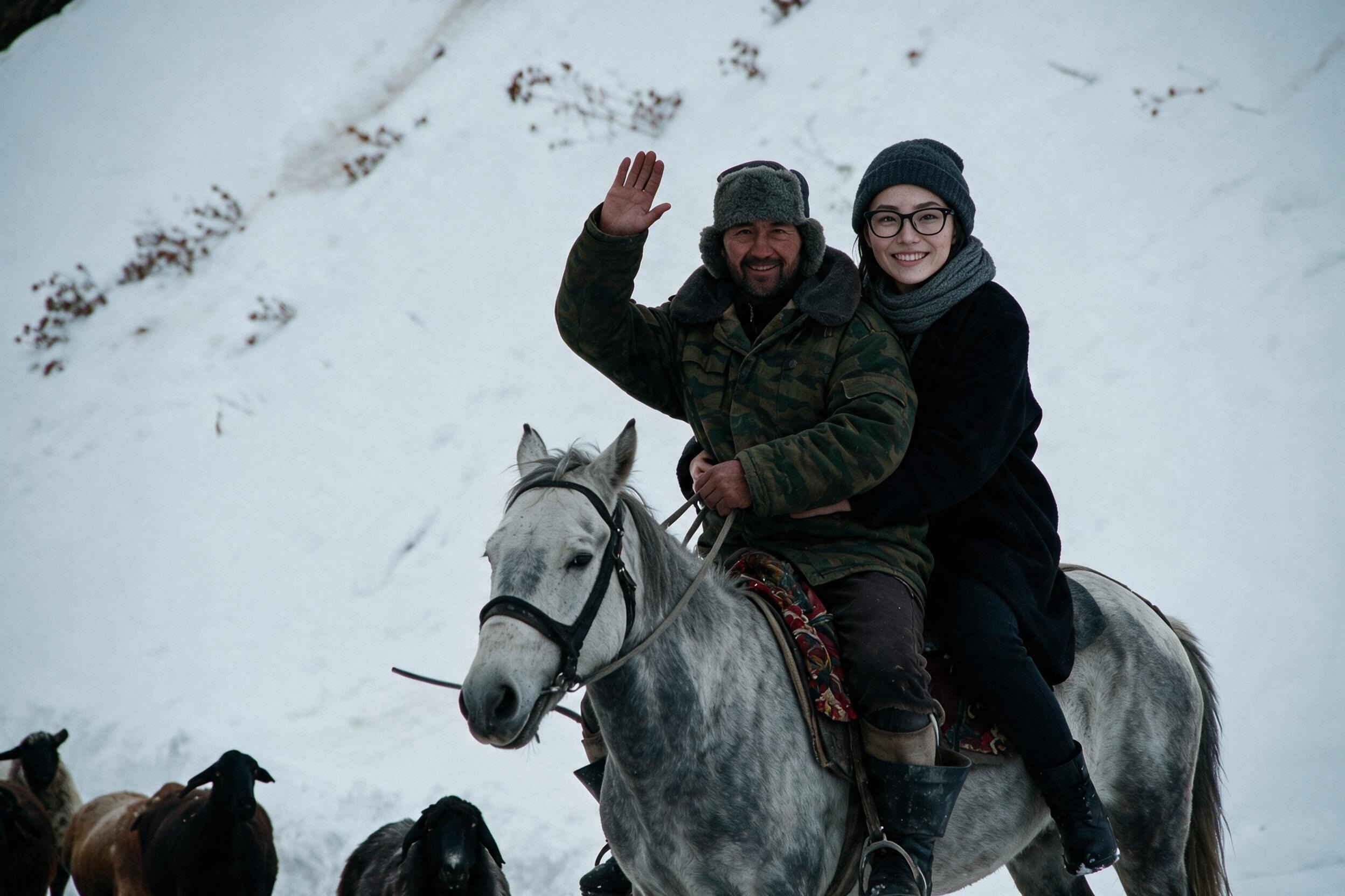 Me grinning behind a herder in a fur hat on his white horse in snow. Sheep ahead.