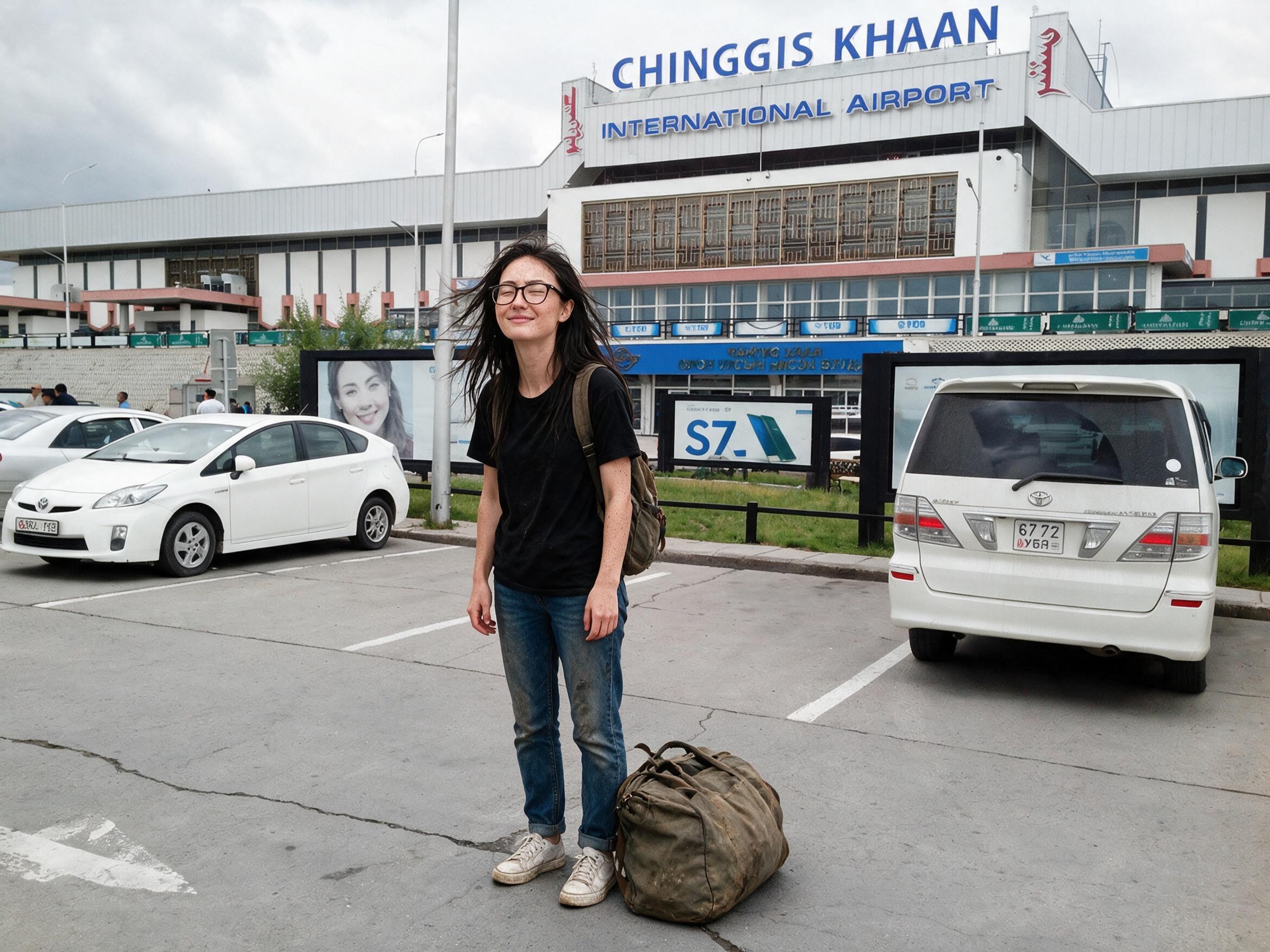 Me with my duffel in front of the airport terminal, tired smile.
