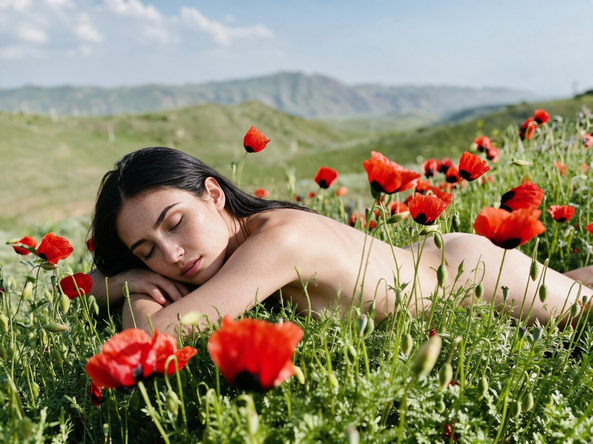 Me lying among red poppies on a sunlit hillside, mostly hidden.