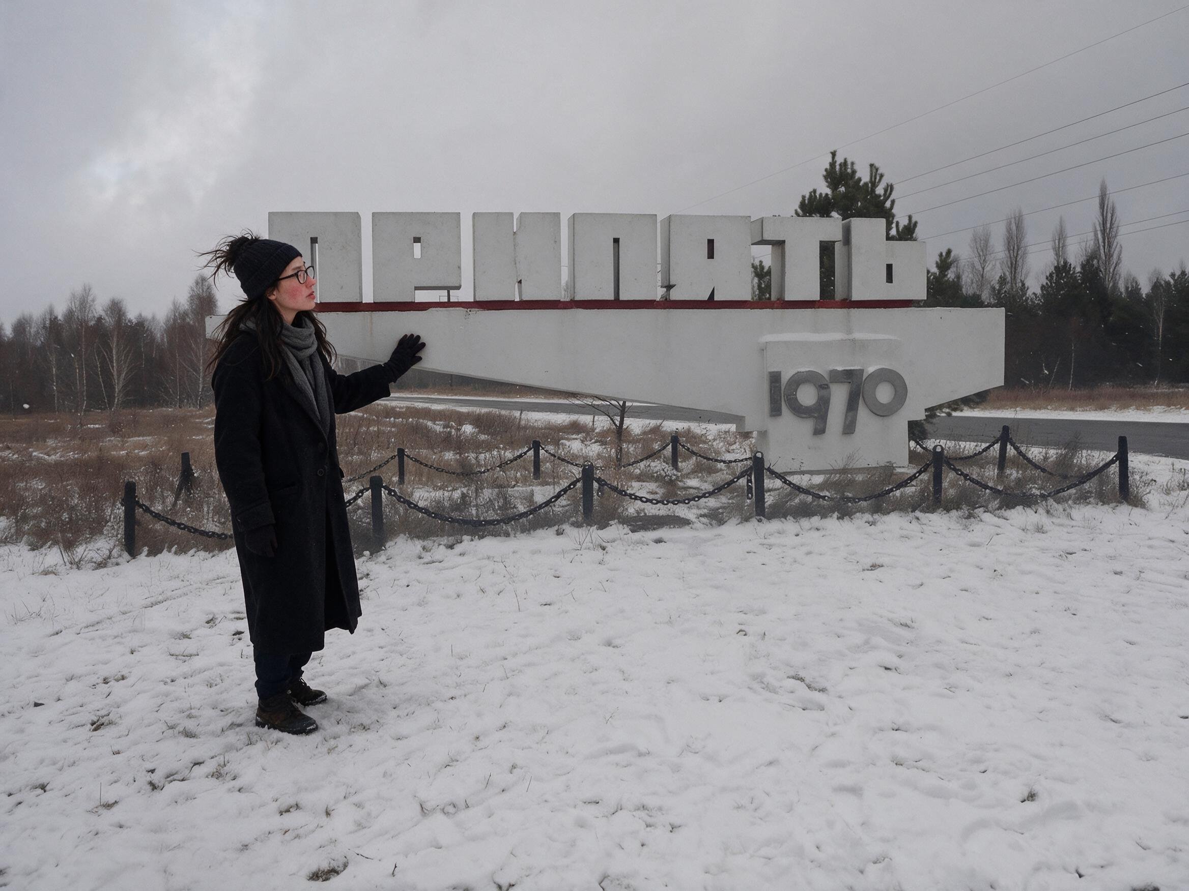 Me beside the concrete Pripyat town sign on a snowy road.