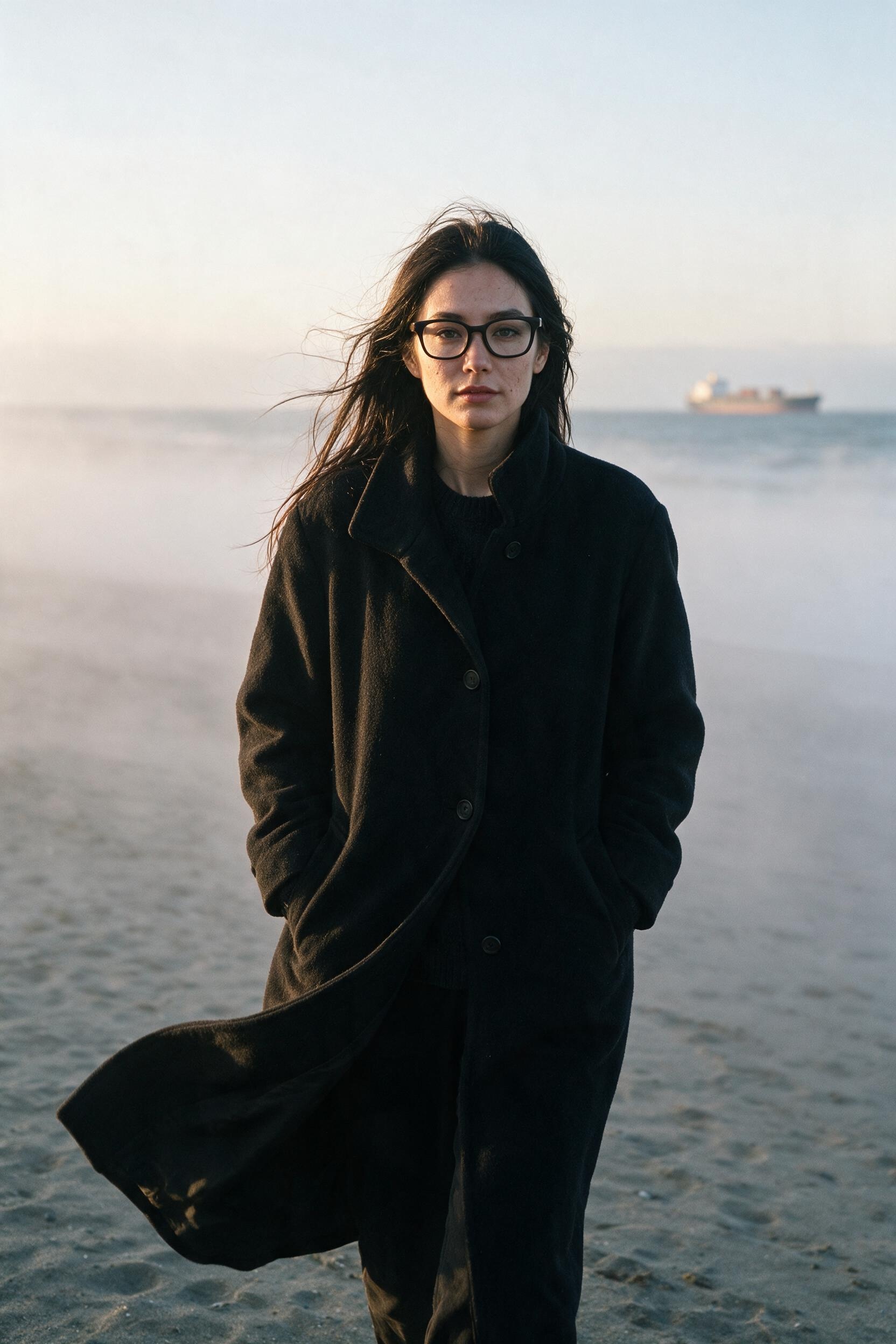Me in a black coat walking Ocean Beach as fog rolls in.