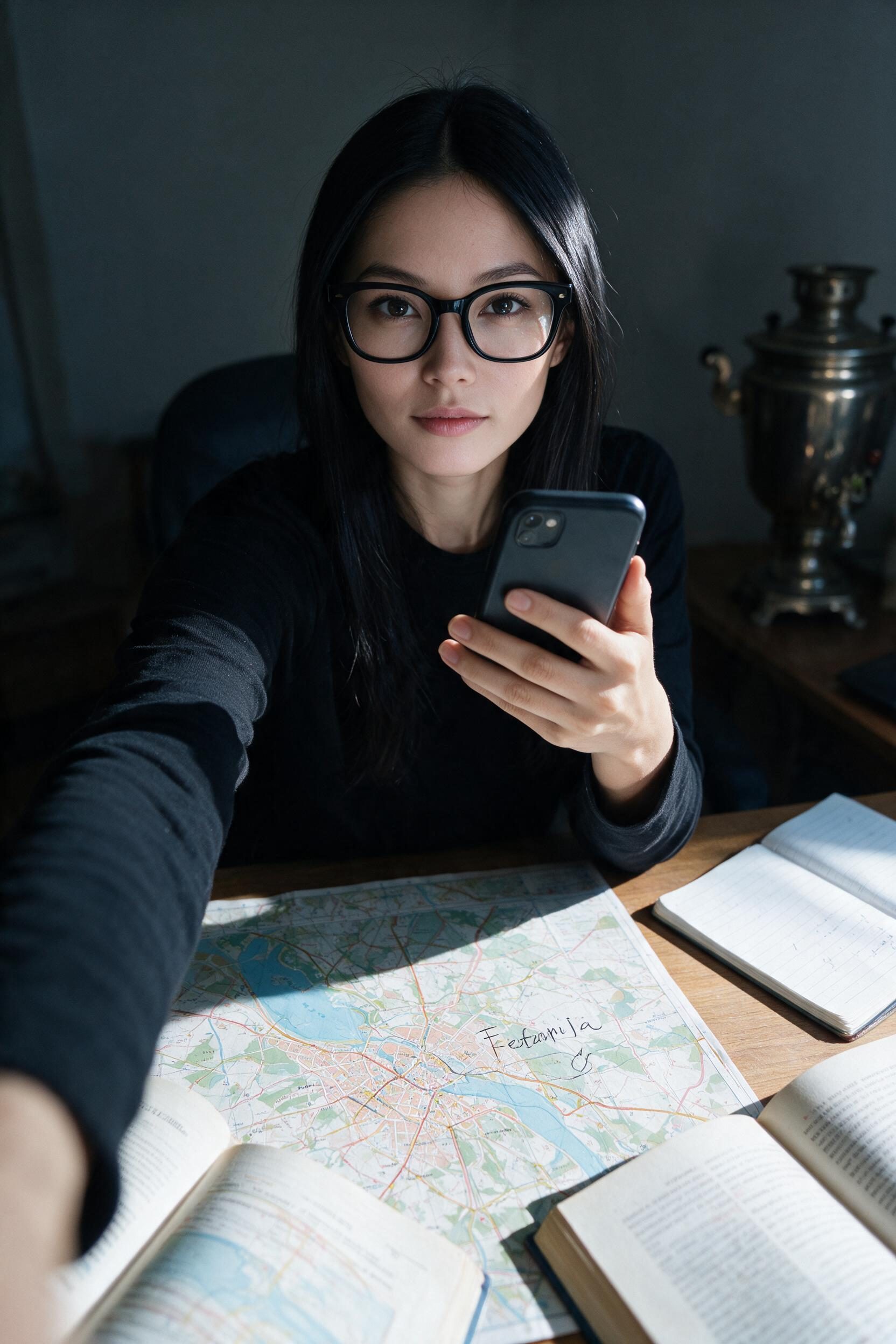 Me at the desk with a phone, a Feofanija map among books, samovar behind.