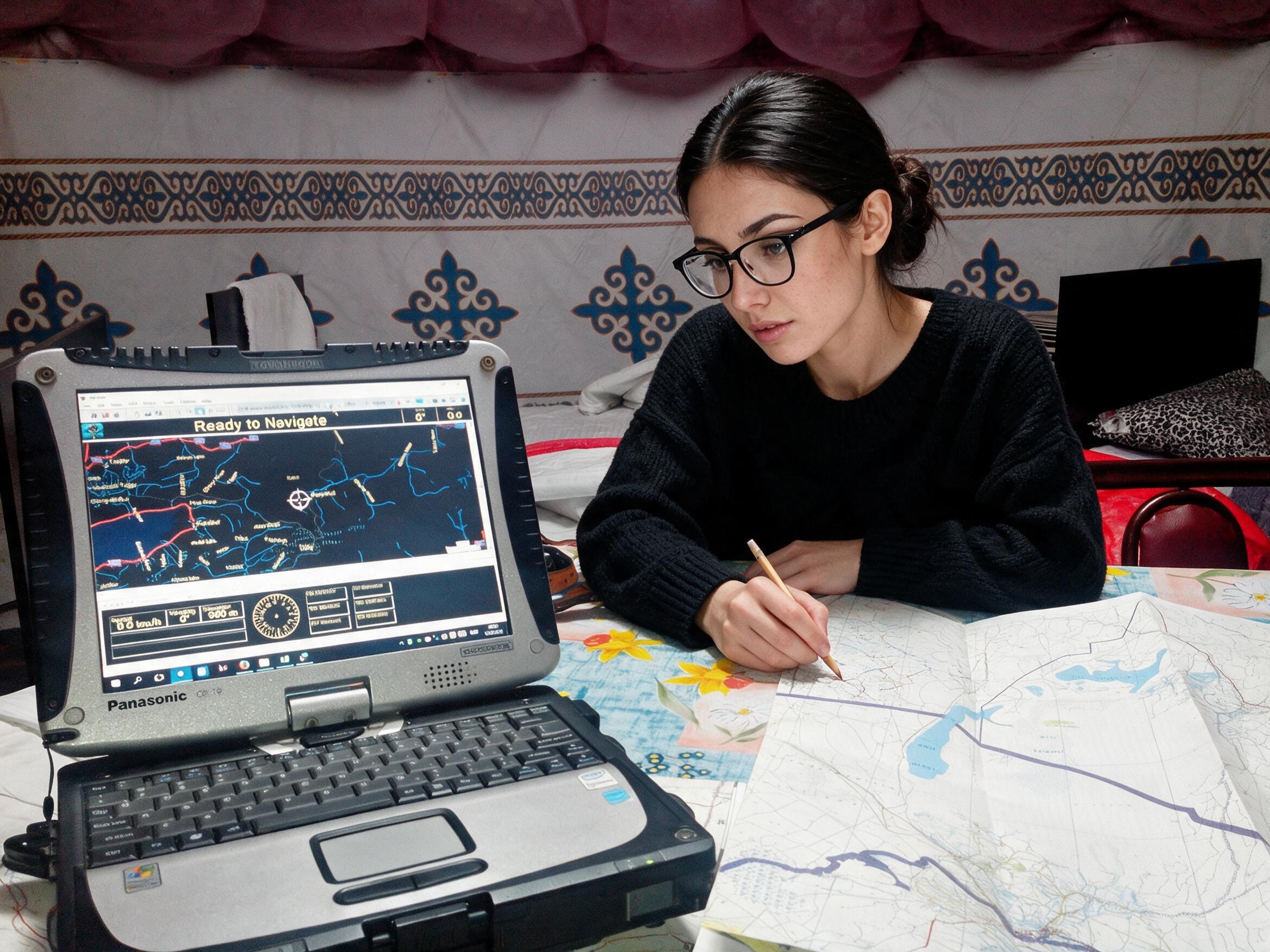 Me at a guesthouse table with paper maps and a laptop on navigation.