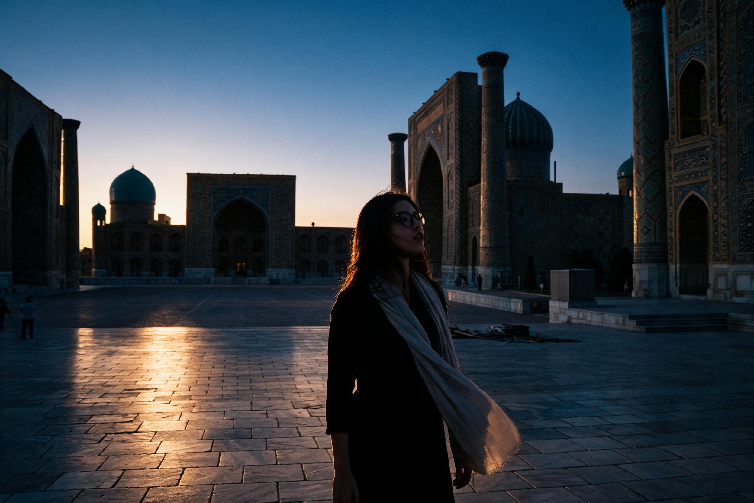 Me on Registan Square in Samarkand at dusk.