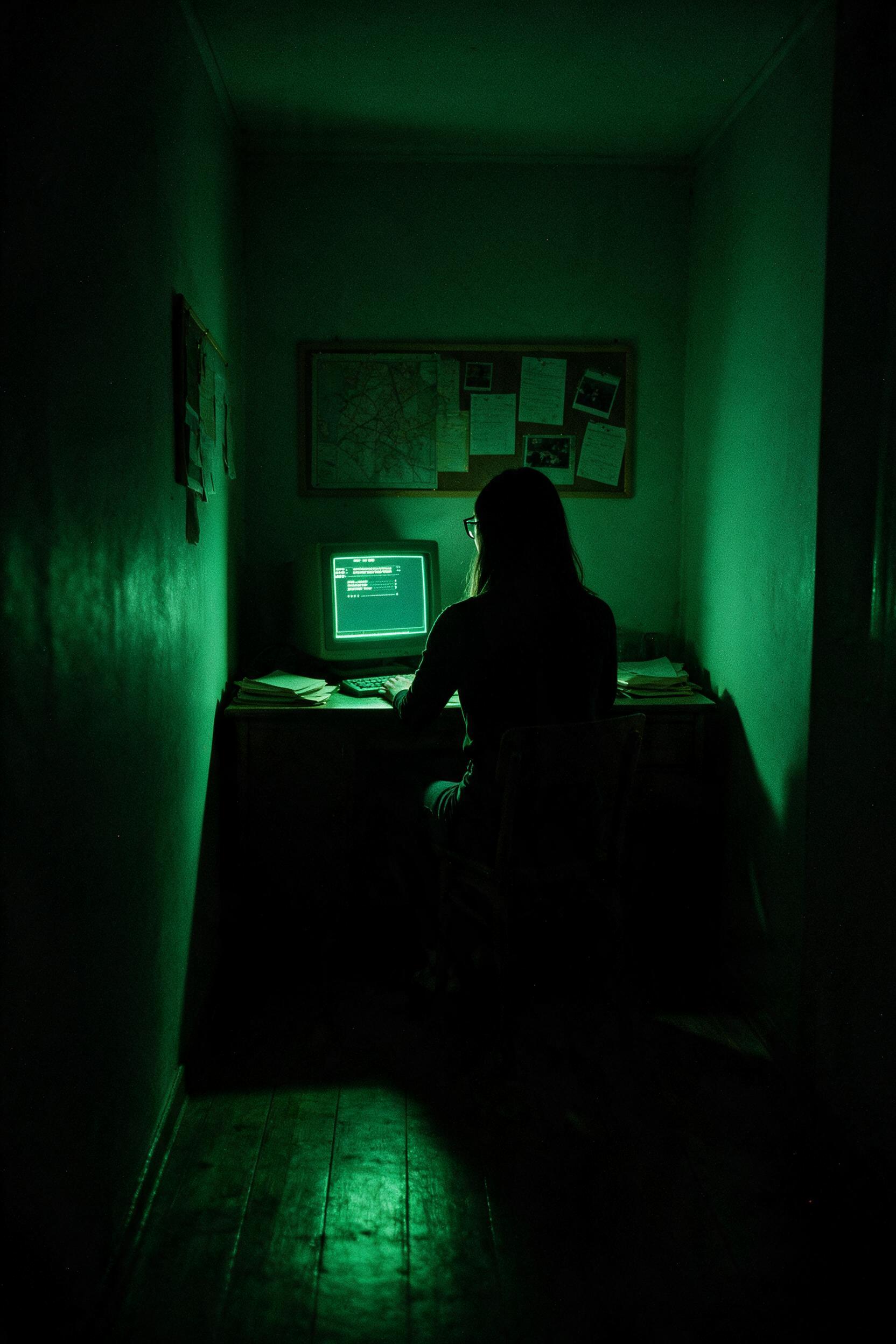 Me sitting on the floor beside my desk at night, the screen still lit above me.