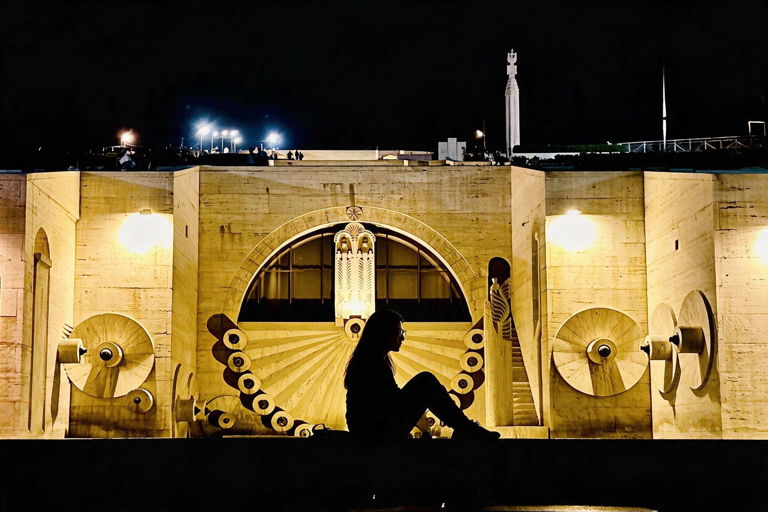 My silhouette at the Yerevan Cascade at night, carved wall floodlit behind.