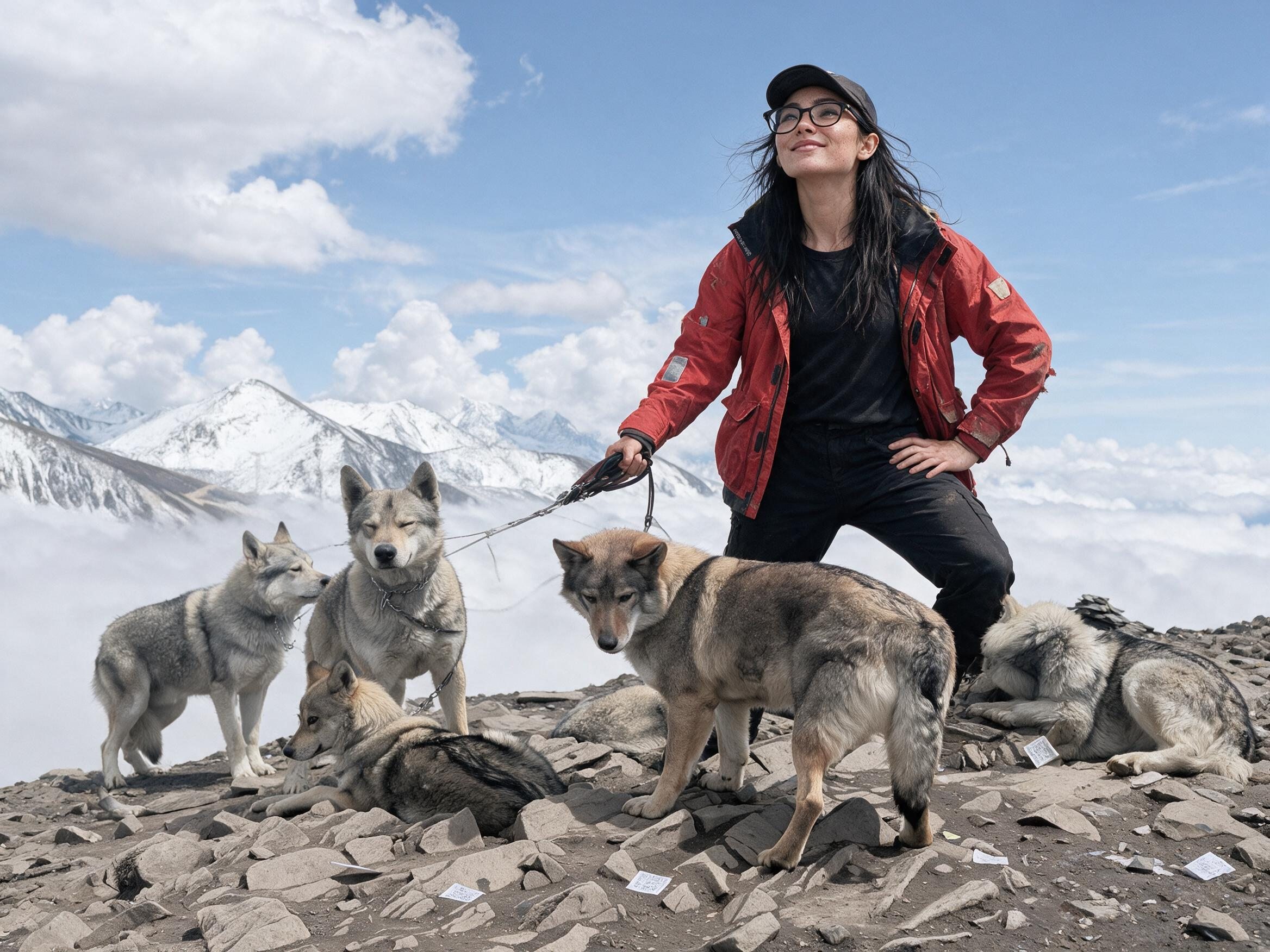 Me in a red jacket with six leashed huskies at a rocky viewpoint above clouds.