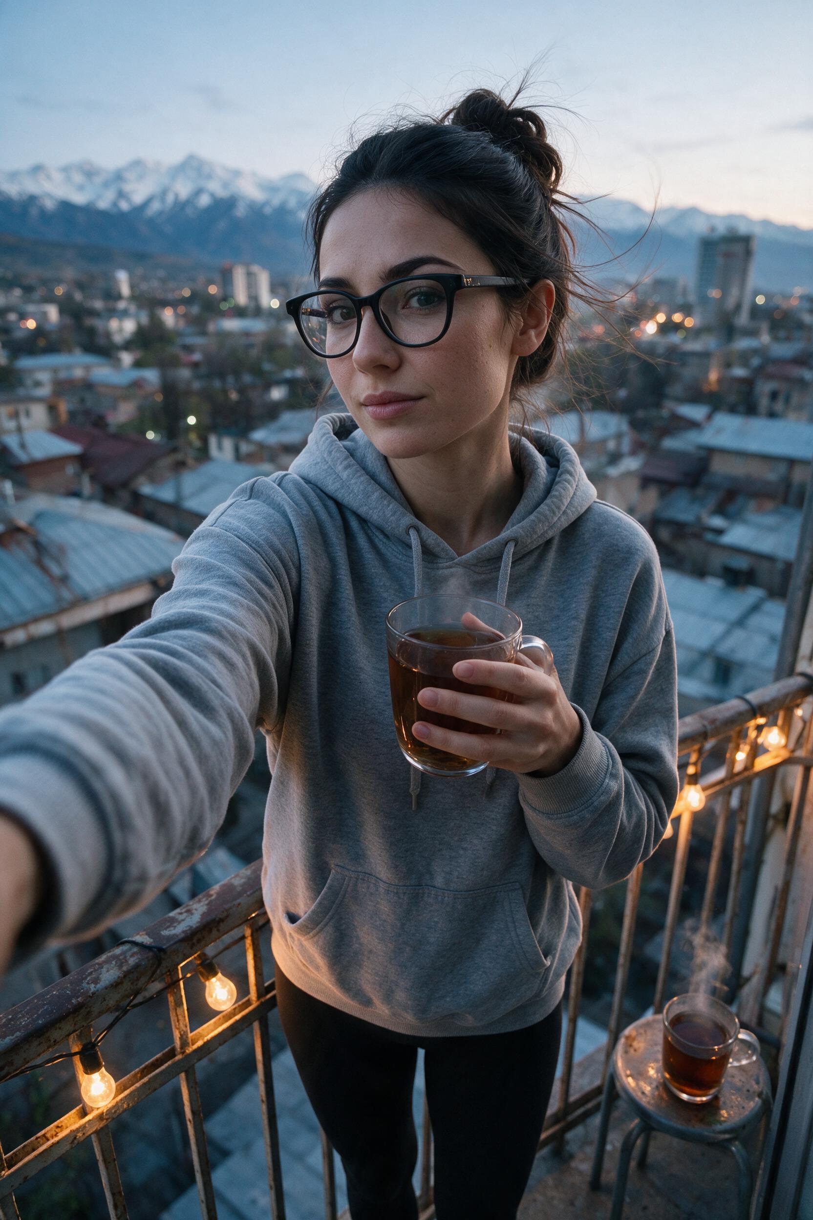 Woman in grey hoodie on Bishkek balcony holds tea glass at dusk