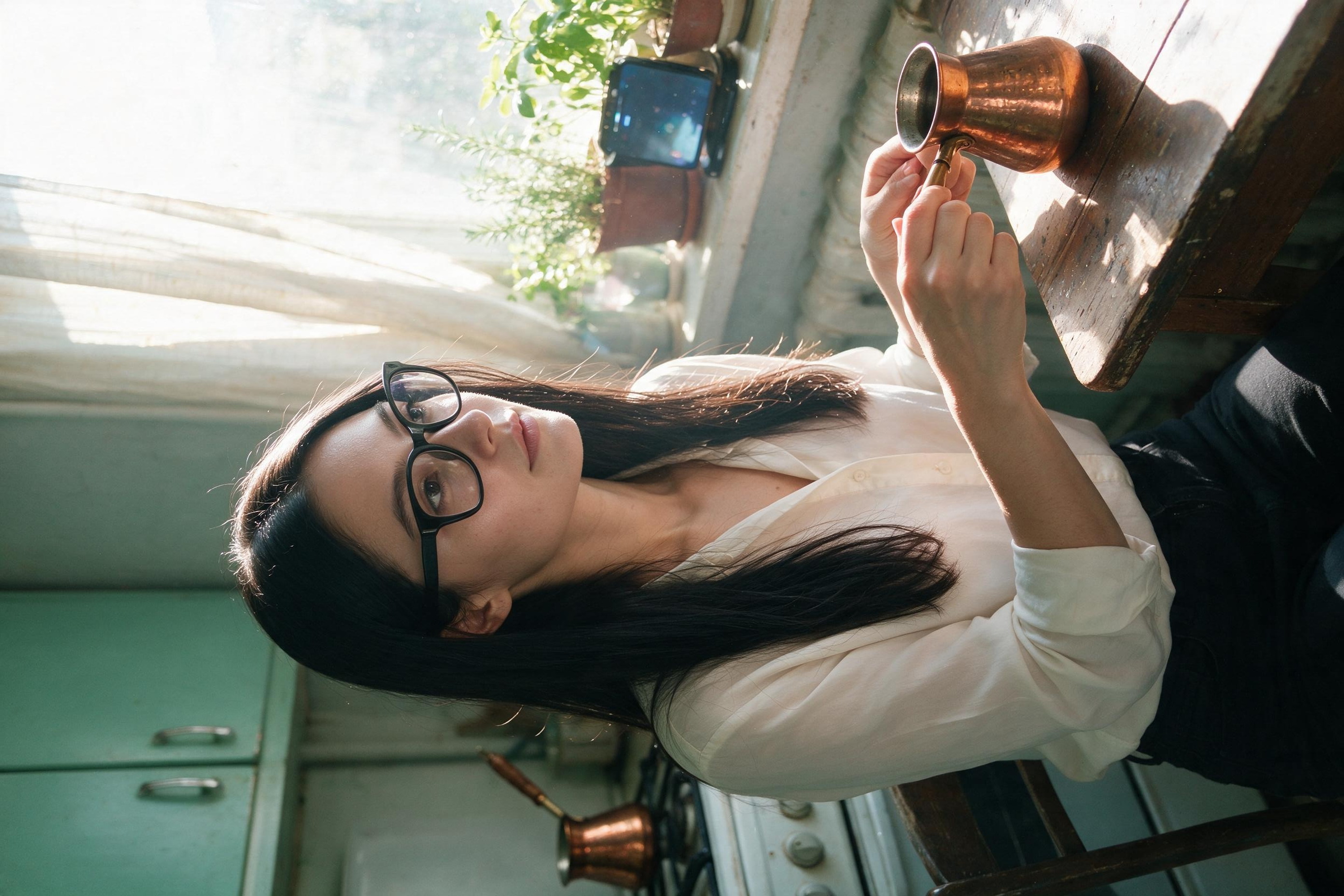Me at the kitchen table holding a copper cezve.