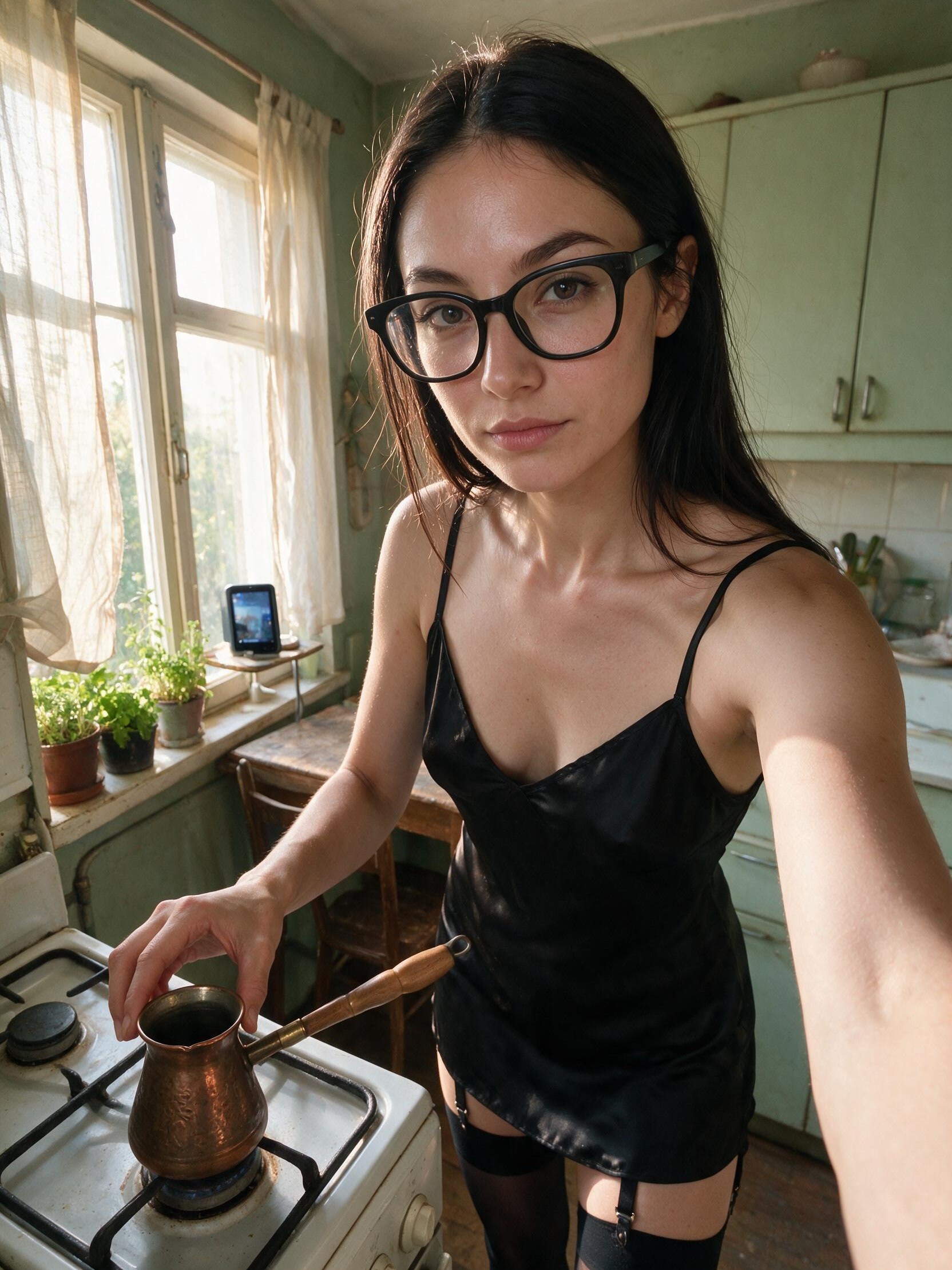 Me at the stove with a copper cezve in the small sunlit kitchen.