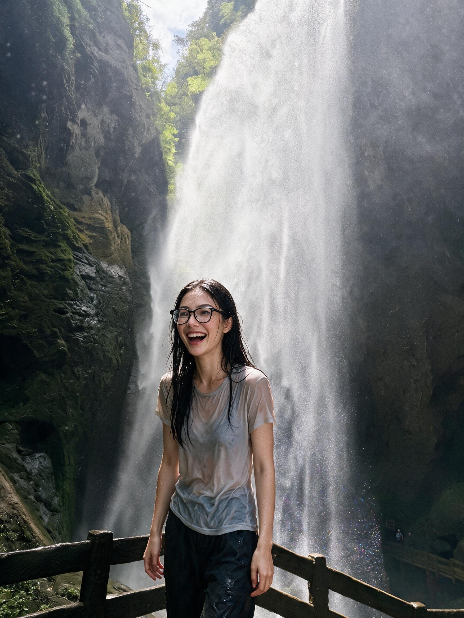 Me laughing on a wooden boardwalk in waterfall spray, shirt misted through.