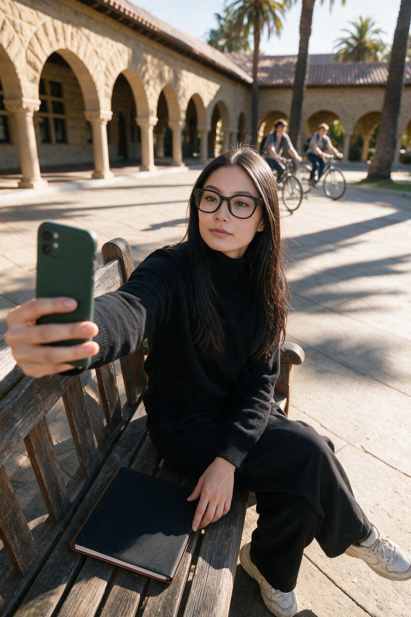 Elara on Stanford quad bench, selfie arm out, free hand on notebook in warm light