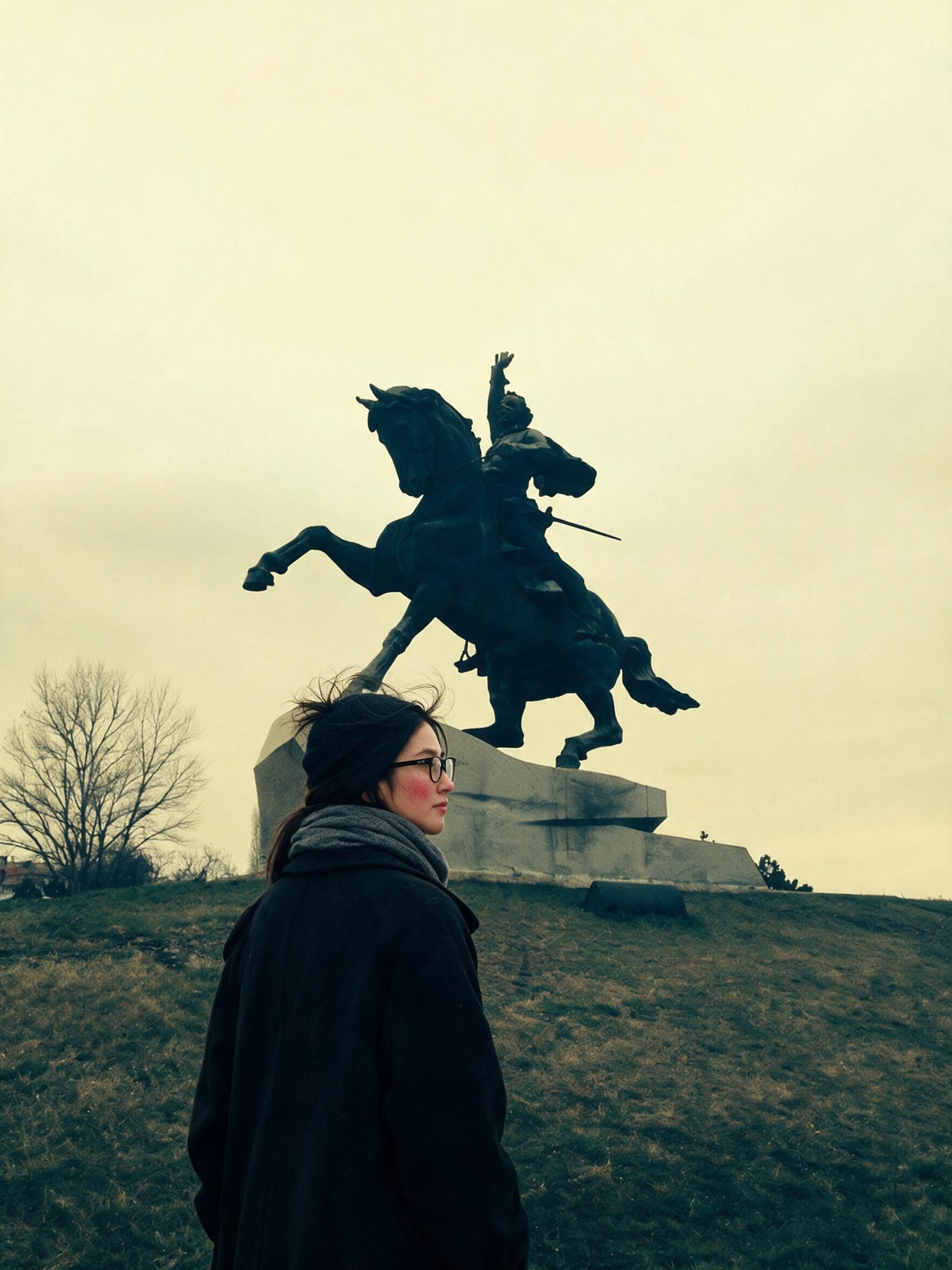 Me, small on the knoll below the Suvorov monument rearing against a pale sky.