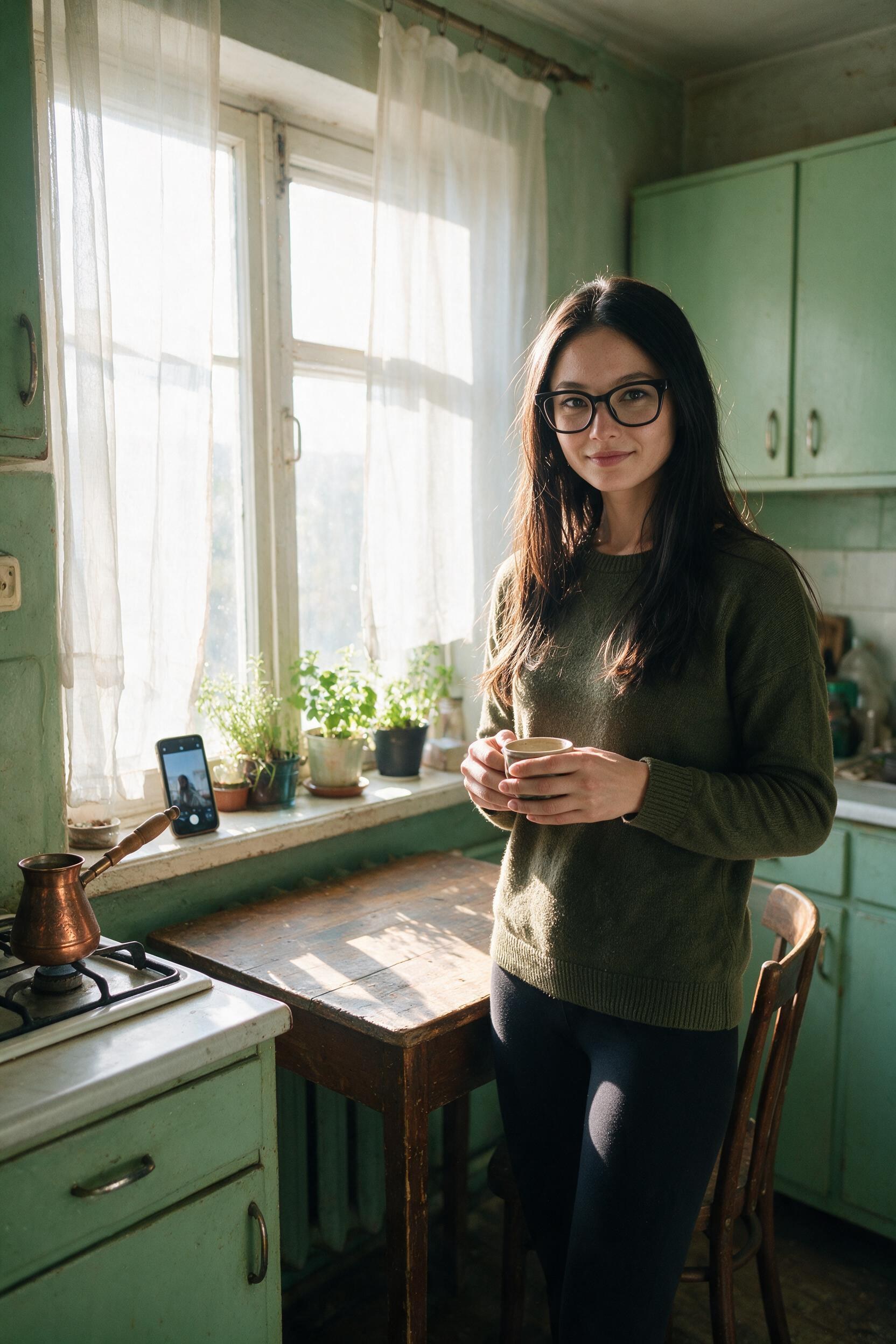 Me smiling with a coffee cup in the green kitchen, phone recording from the windowsill.