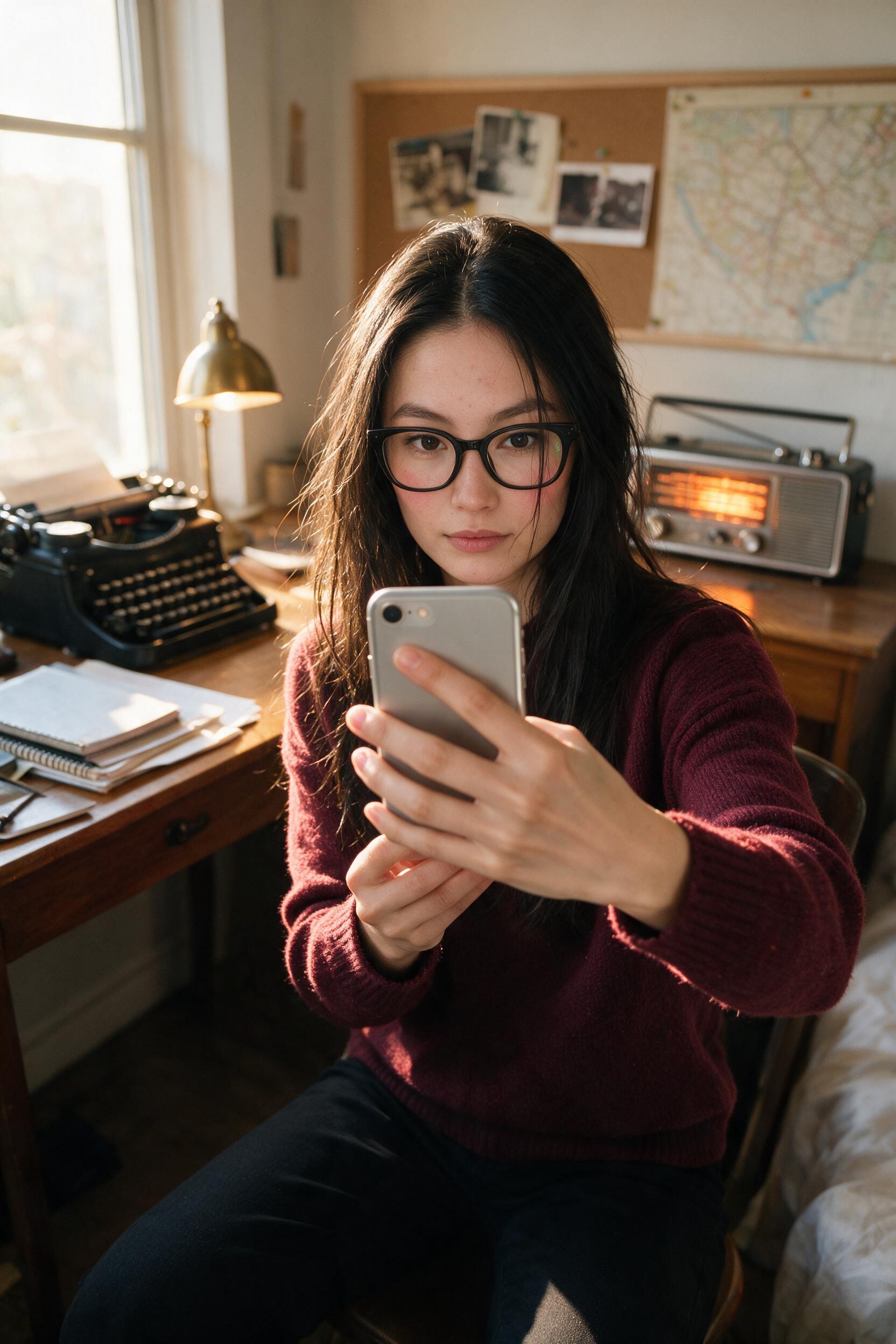 Writer at oak desk, hands hovering over typewriter by glowing radio
