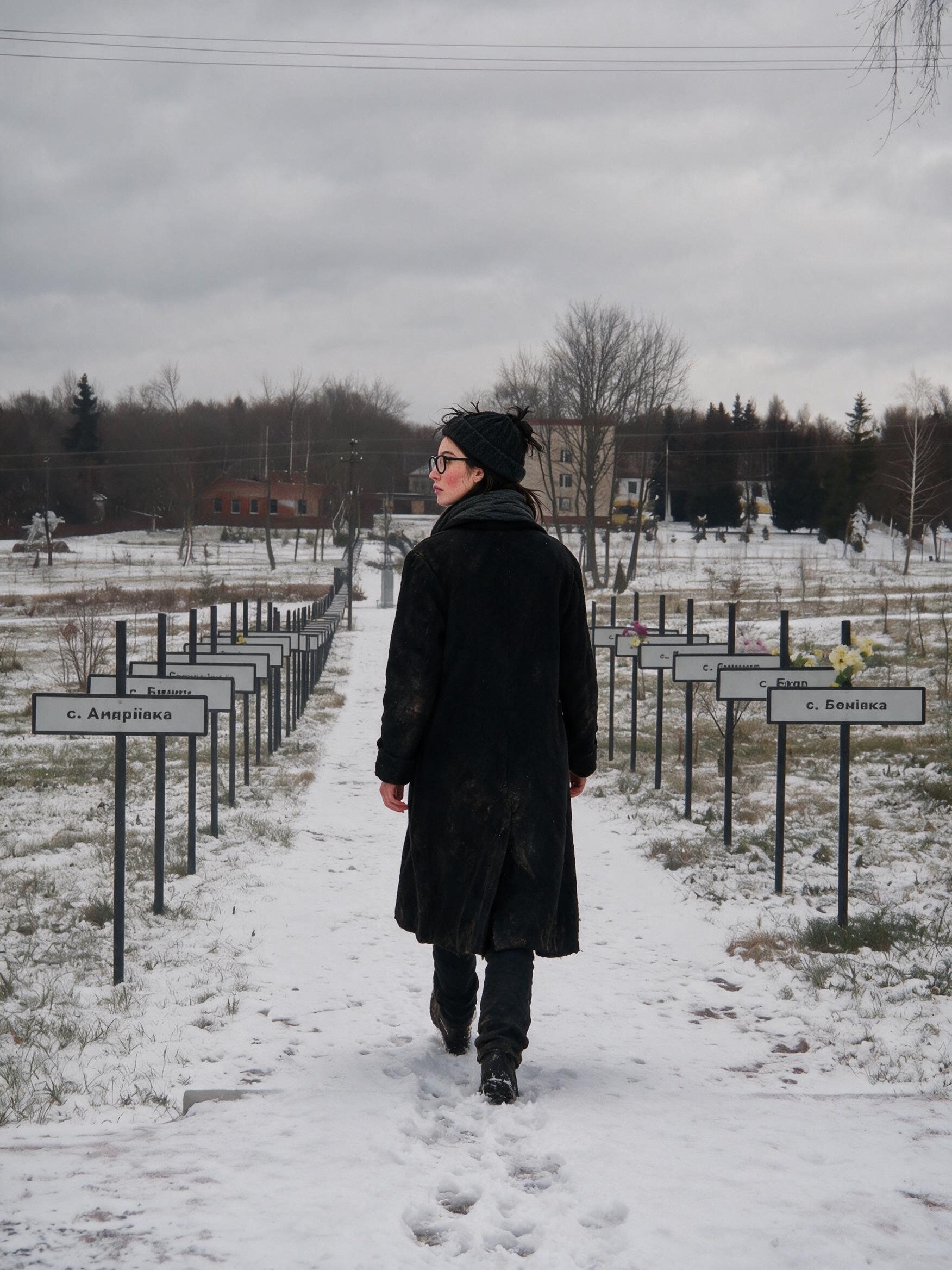 Me from behind walking a snowy alley lined with signs of evacuated villages.