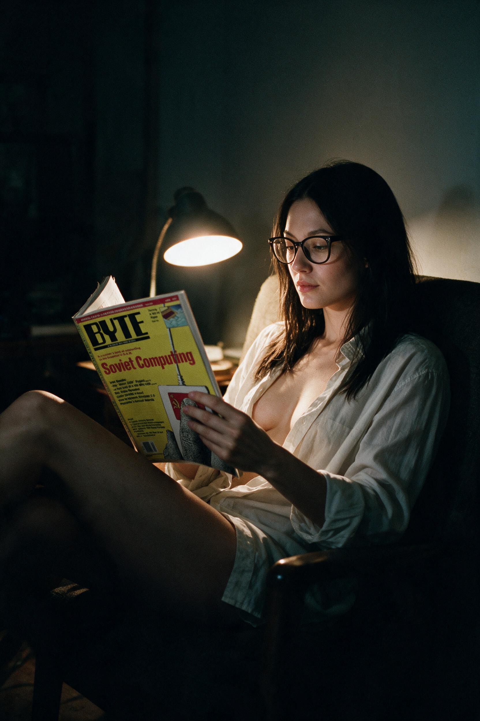 Me in the armchair late at night with the April 1991 issue of BYTE open in one hand, the yellow cover bright against the dark room.