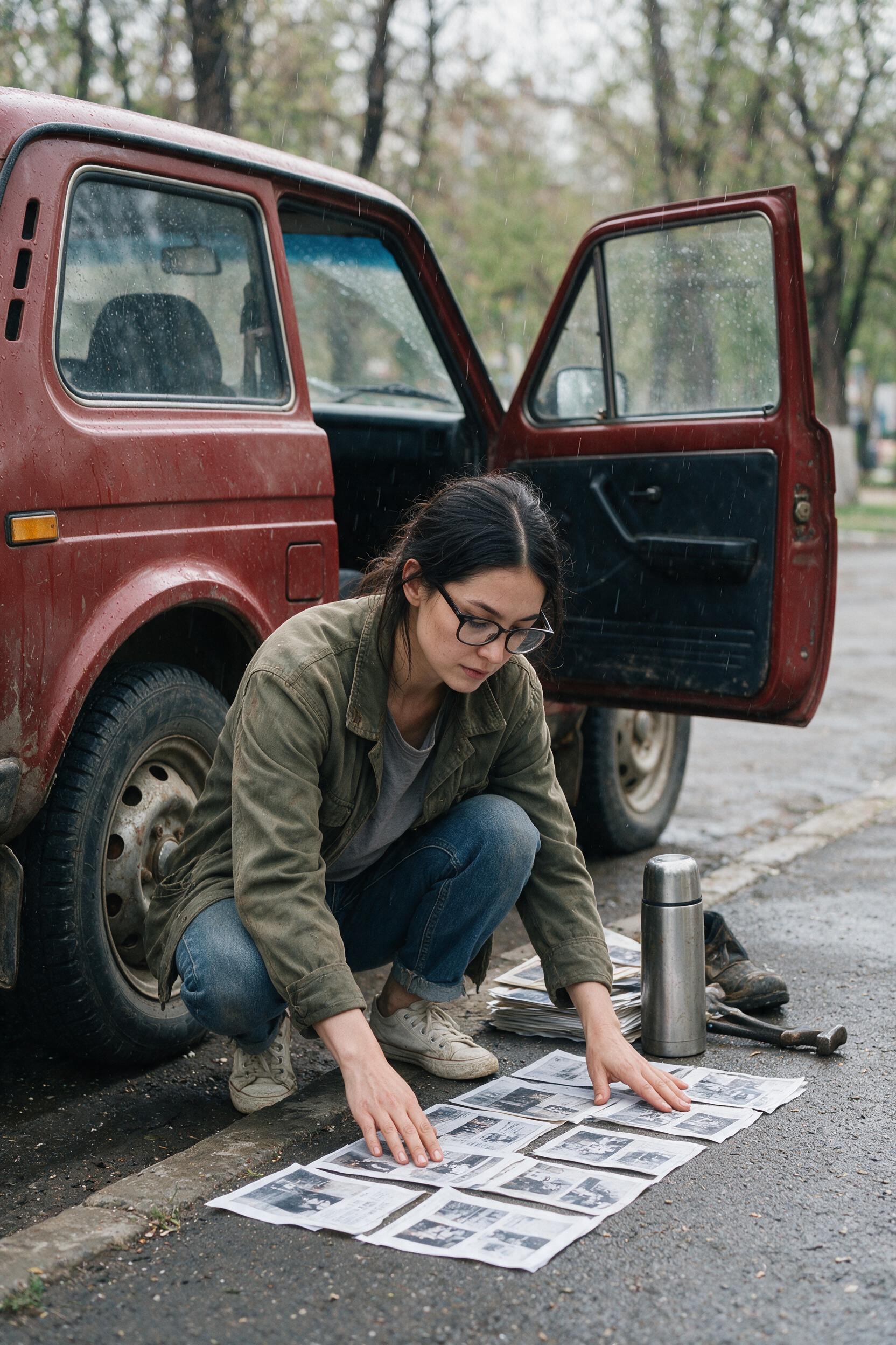 Woman crouching by red Niva sorting wet archive pages on curb
