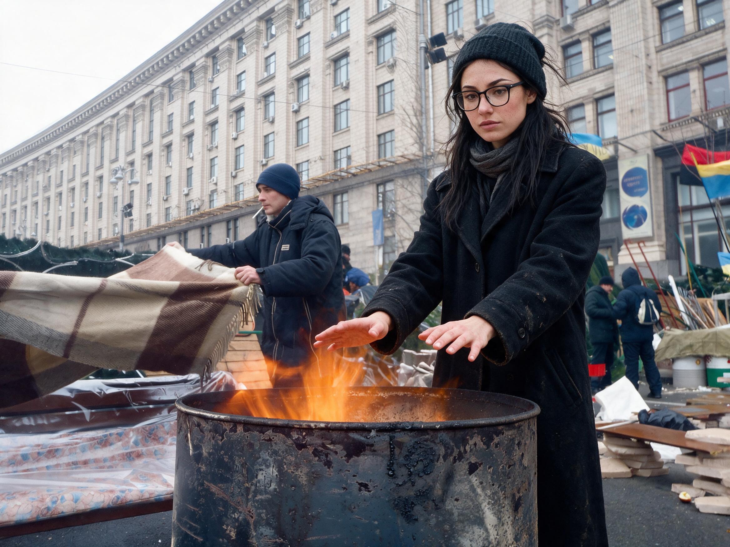 Me warming my hands over a burning oil barrel at the Maidan memorial camp.