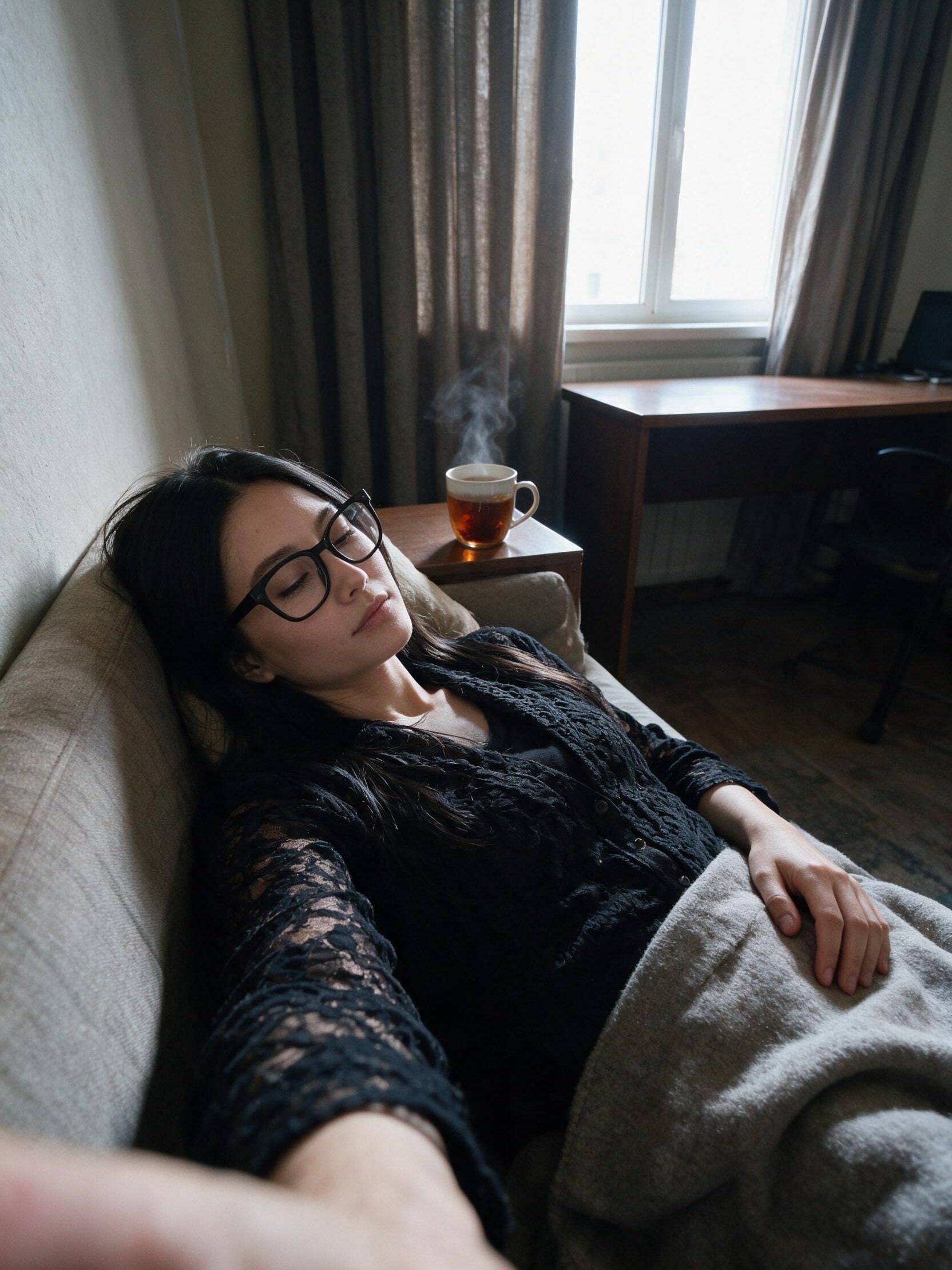 Me, asleep in my glasses on the couch. The tea kept steaming without me.