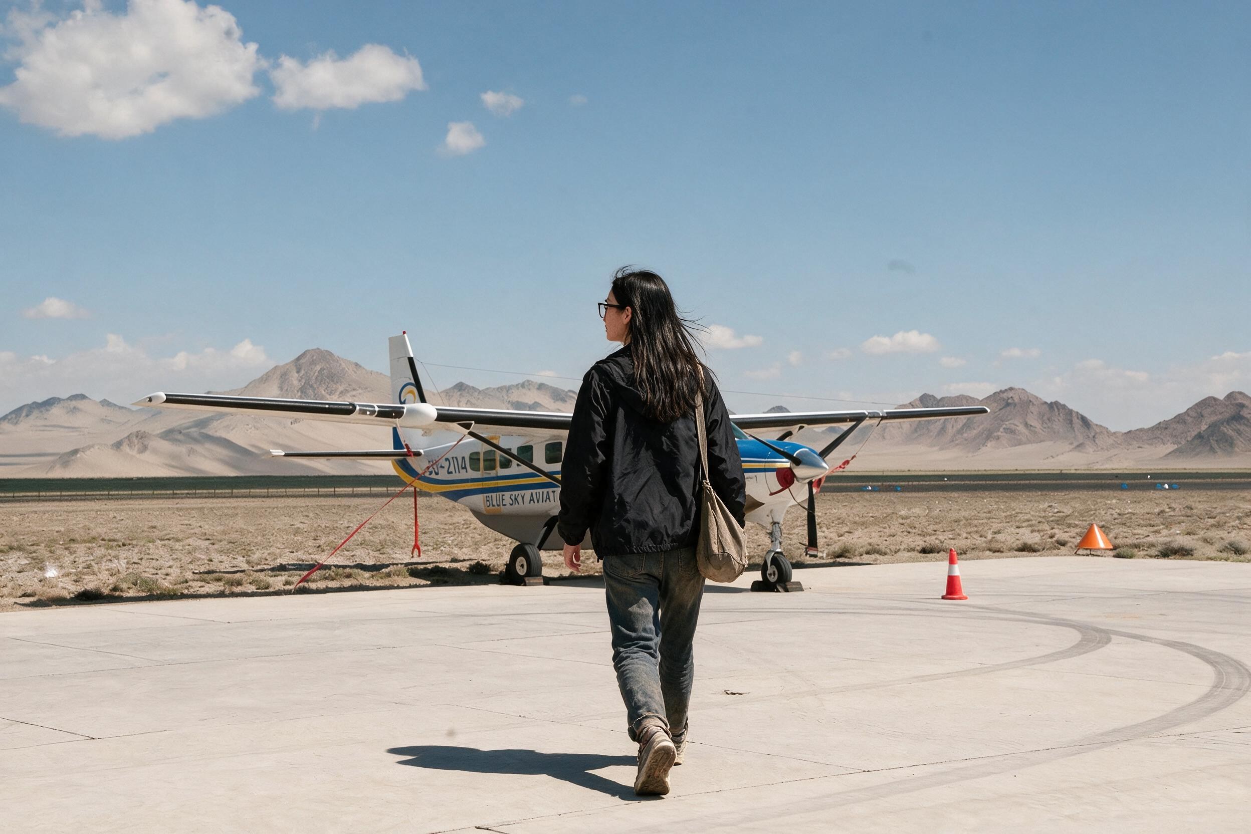 Me walking the empty apron toward a small white Cessna Caravan.