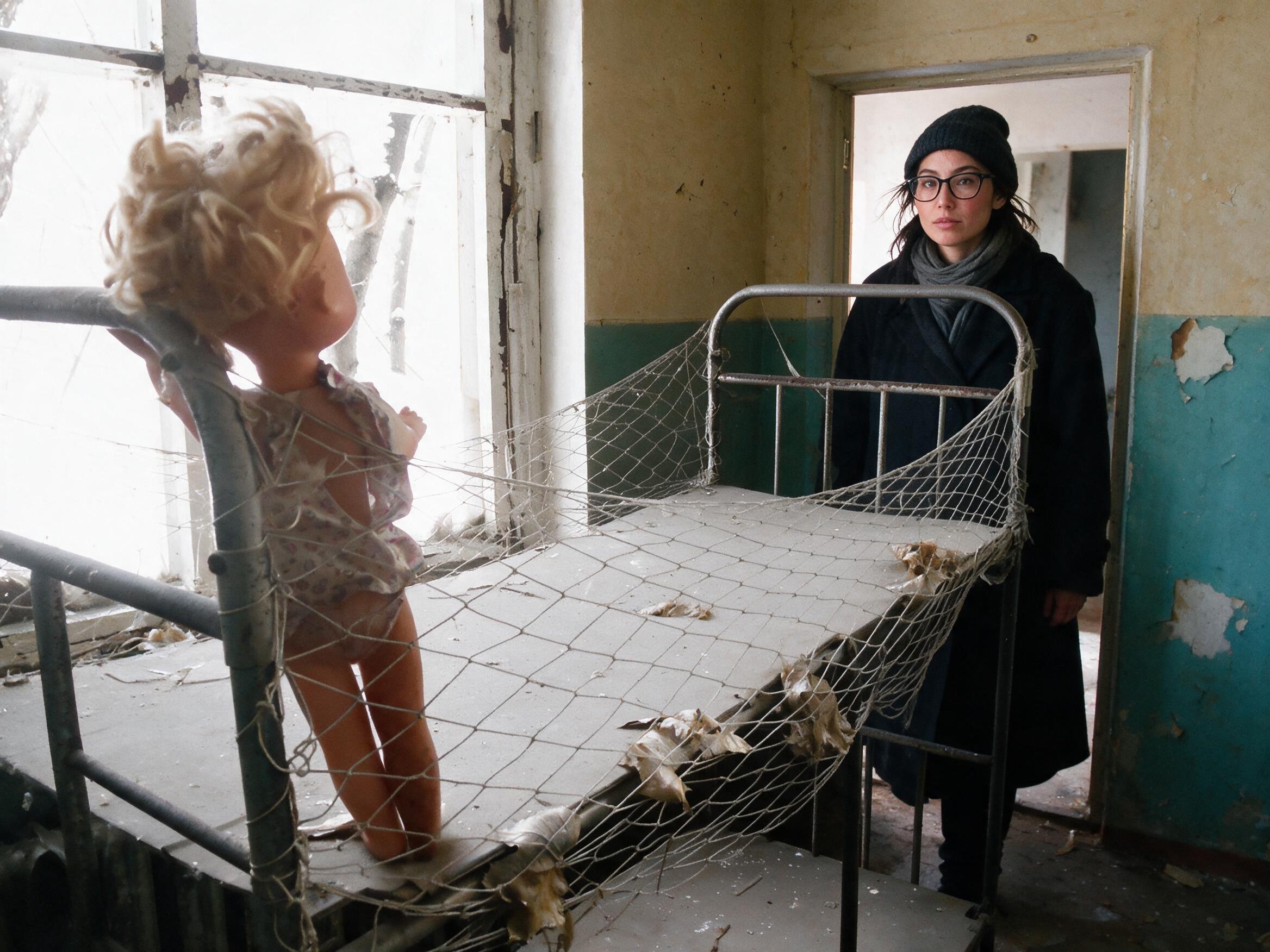 Me in the doorway of an abandoned nursery, a small mesh cot by the window.