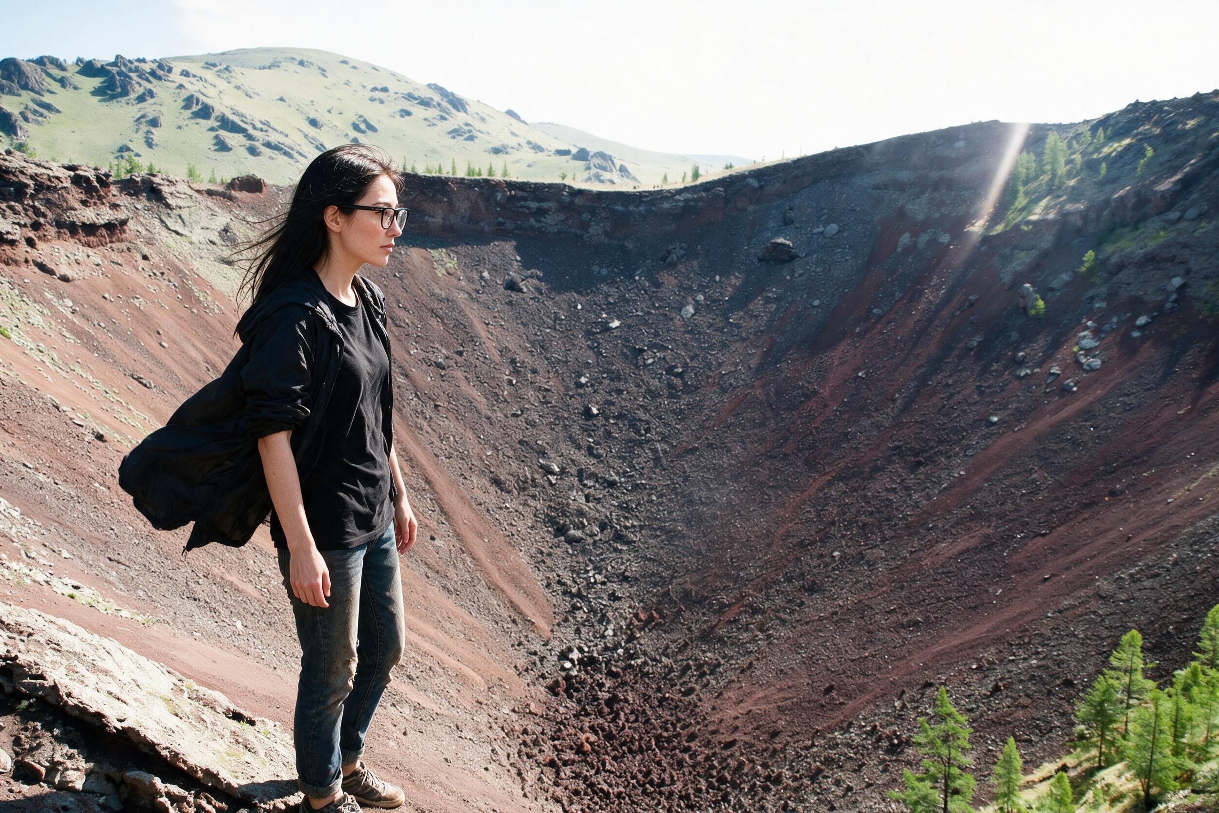 Me small on the rim of the Khorgo crater, red-black bowl below.