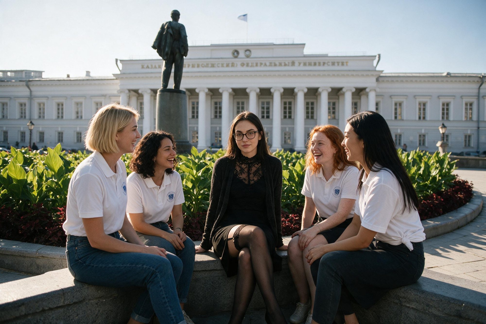 Me in black on the granite edge of the flowerbed in front of the Kazan university main building at evening, four students in white university polos beside me.