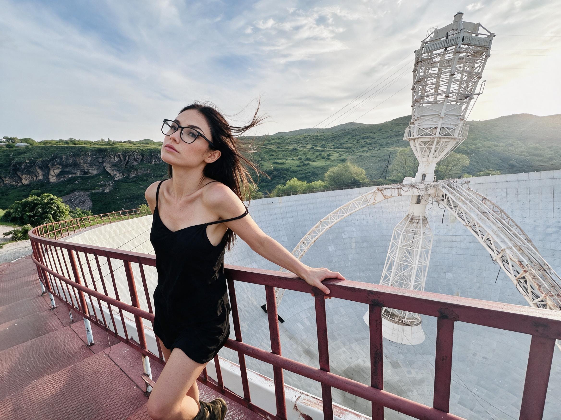 Me leaning on the red railing at the rim of the ROT-54 dish, evening.