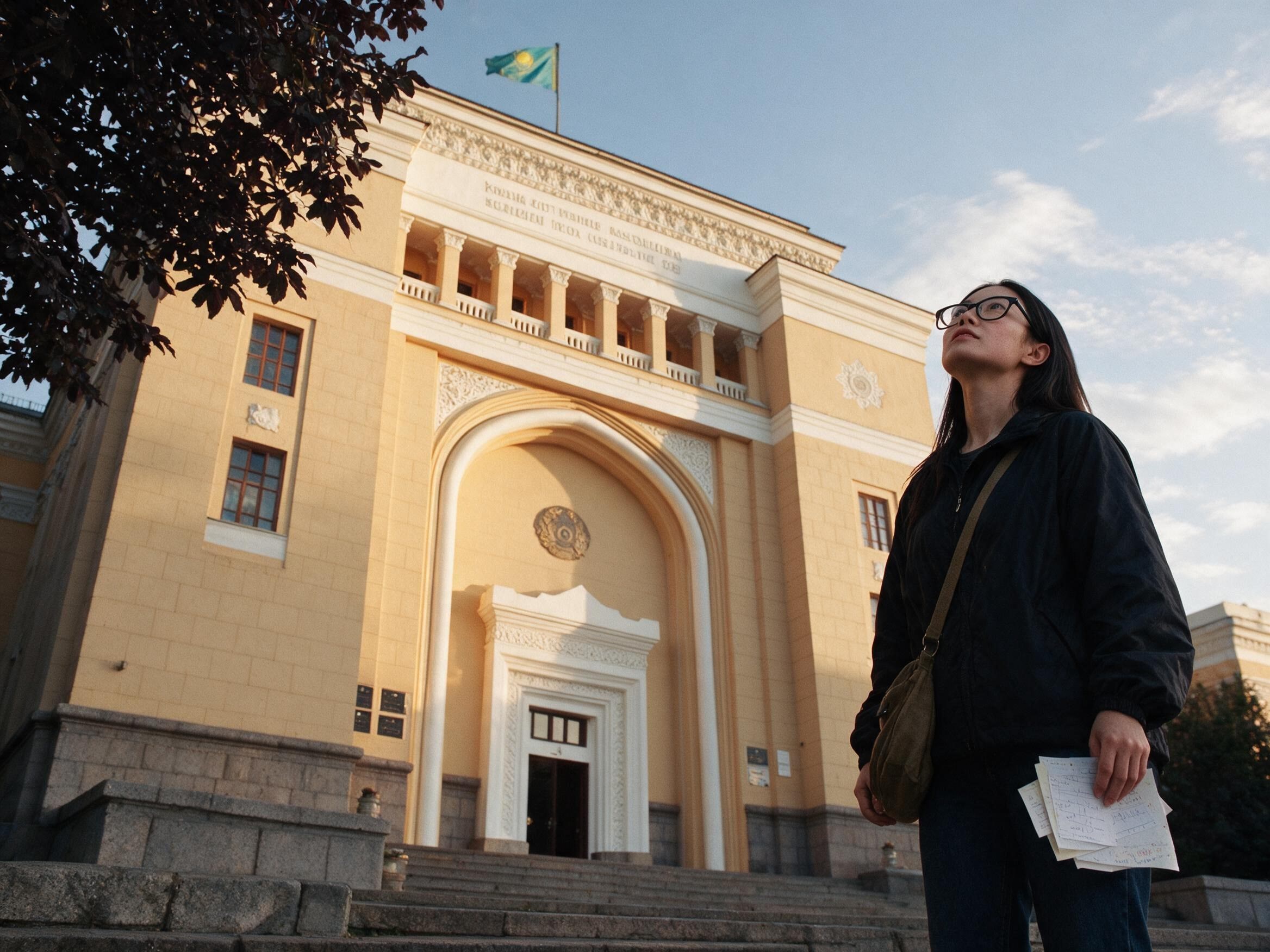 Me on the steps of the academy library in Almaty with four call slips in hand.