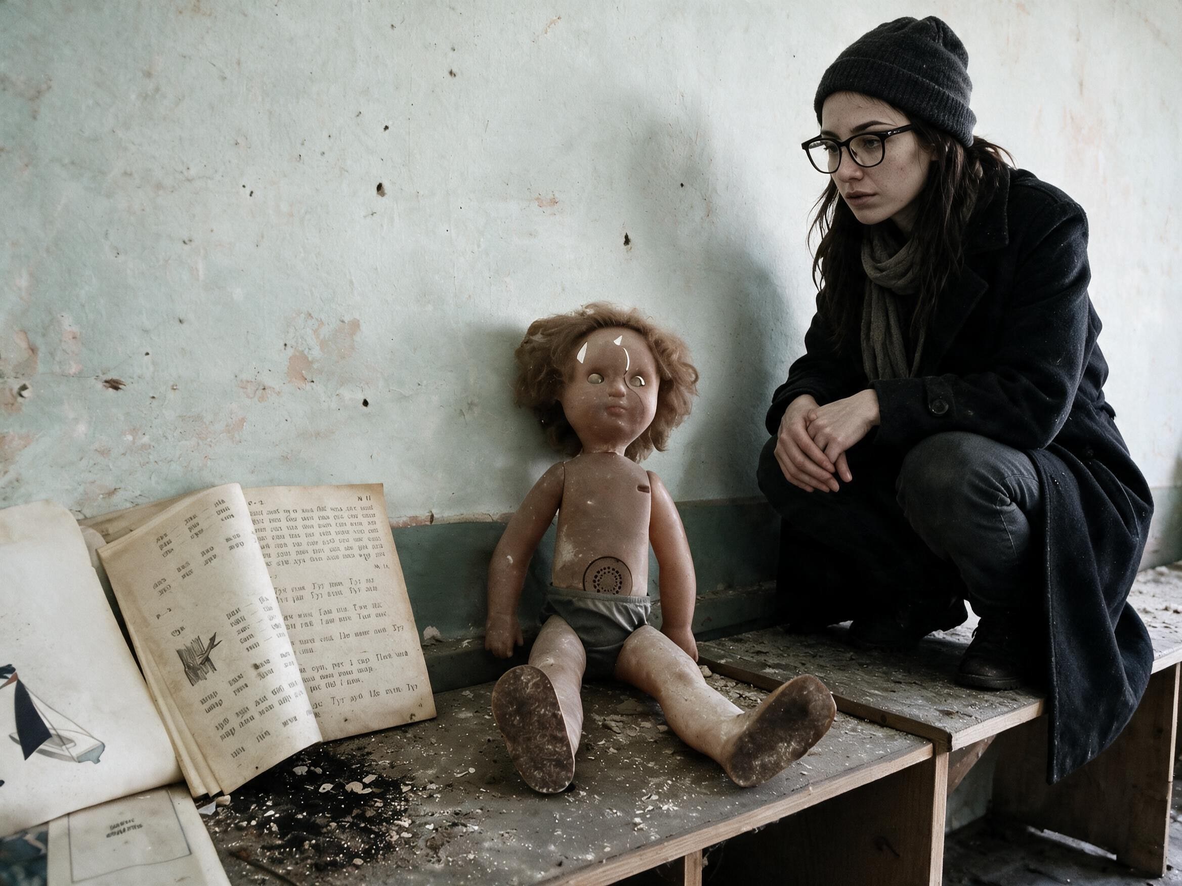 Me crouching near an old doll and open primer on a bench in the abandoned kindergarten.