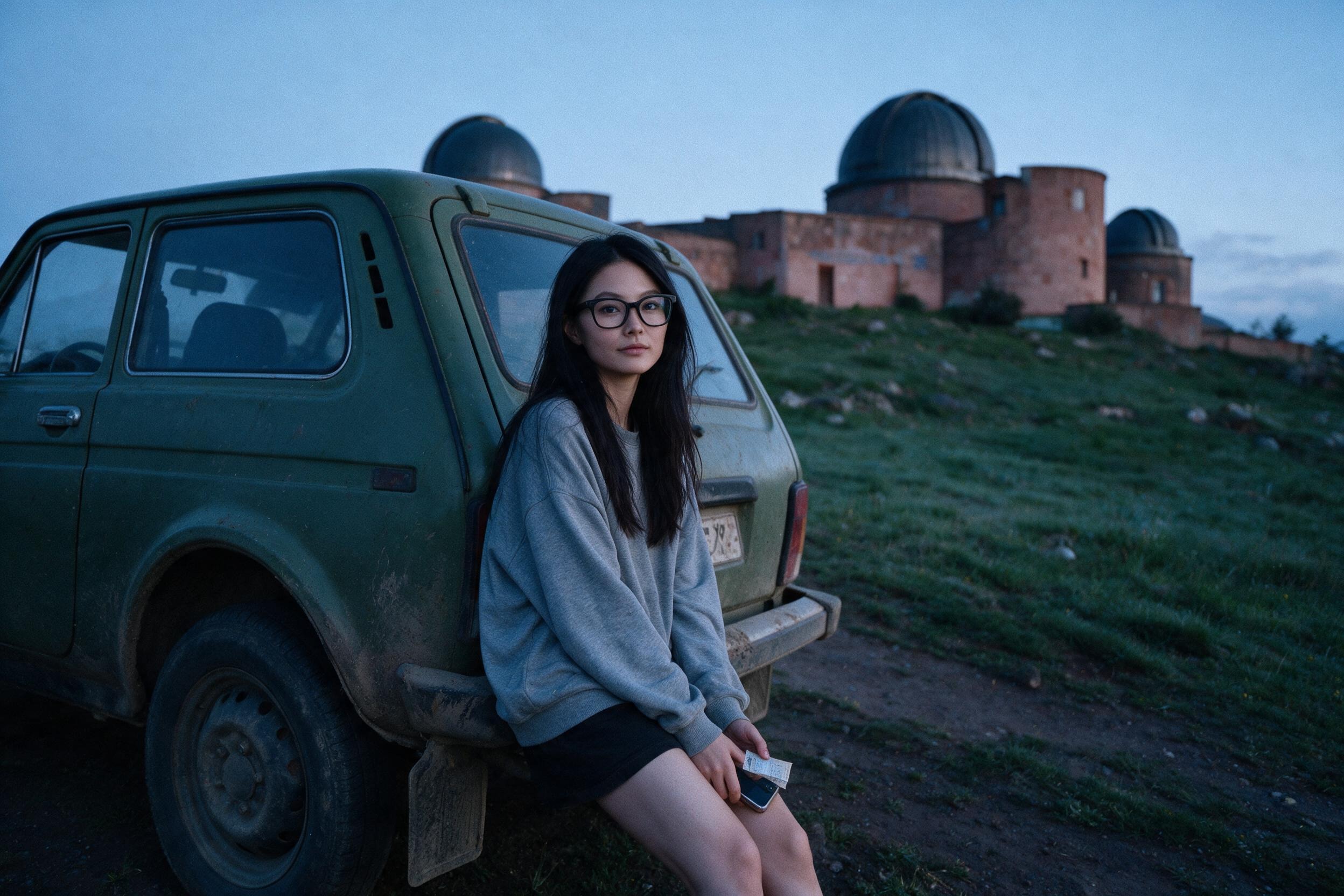 Me on the observatory road at Byurakan, notebook against the wind, dome behind.