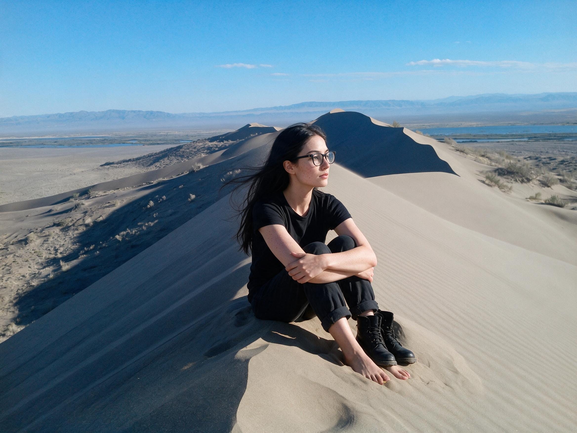Me barefoot on a sand dune crest, boots beside me, river and mountains beyond.