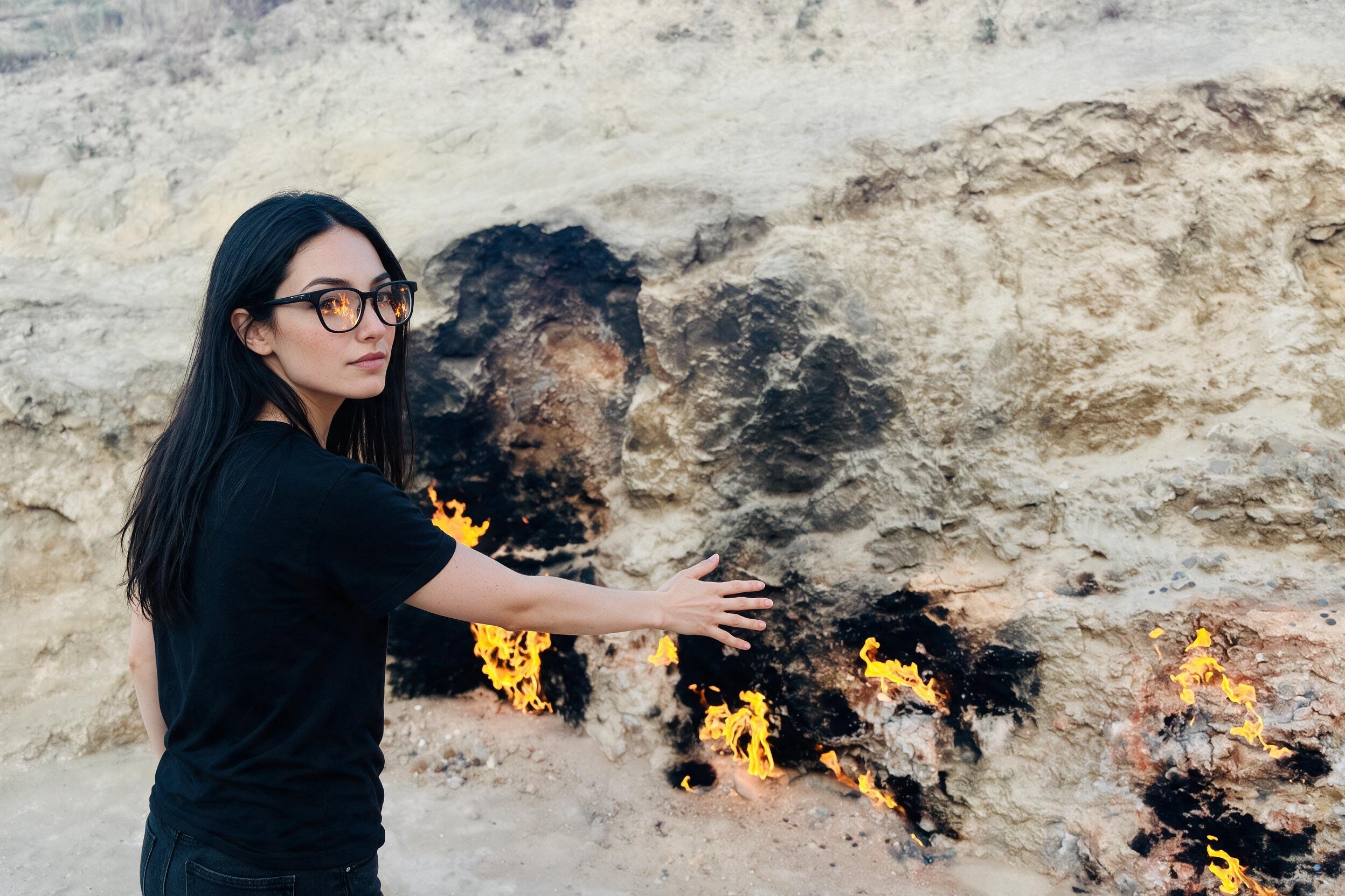 Me at dusk, open hand toward gas flames on a scorched hillside.
