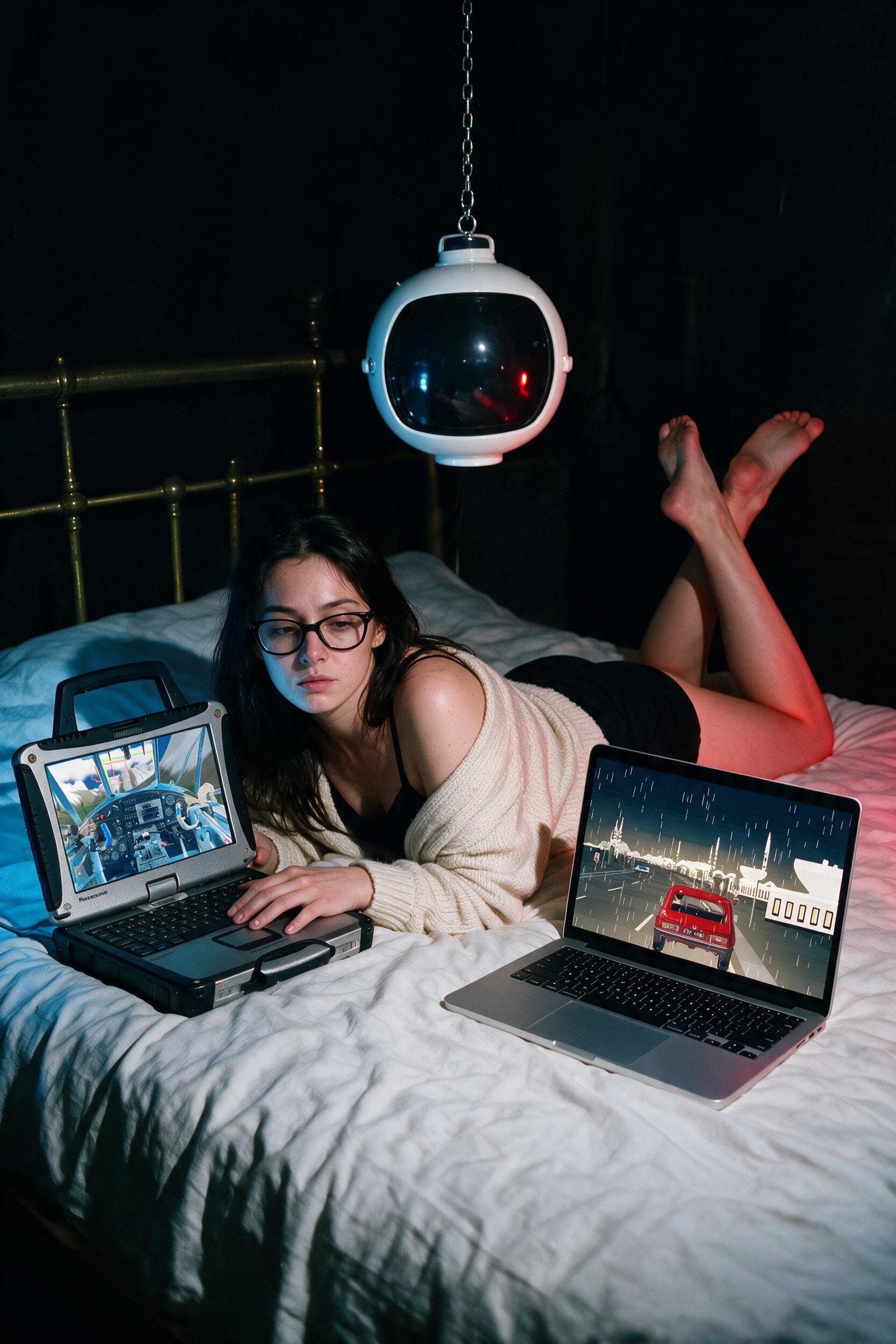 Me on the brass bed between two open laptops, the driving game running on one of them.