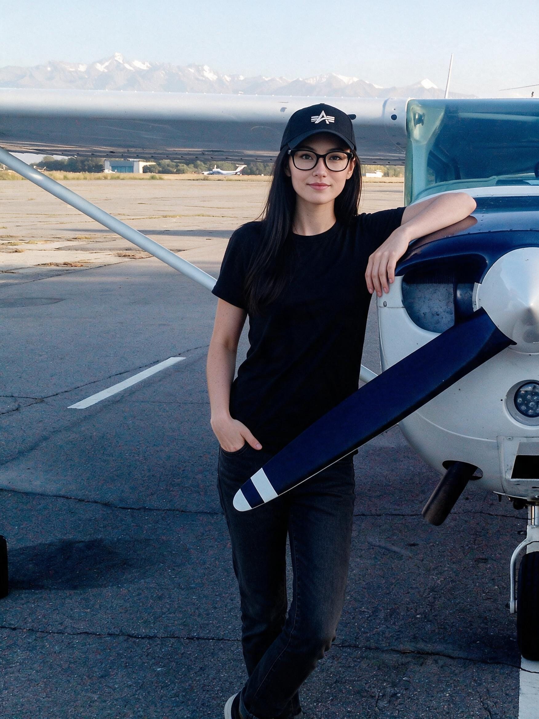 Me leaning on the cowling of a small white plane, snowcapped mountains behind.