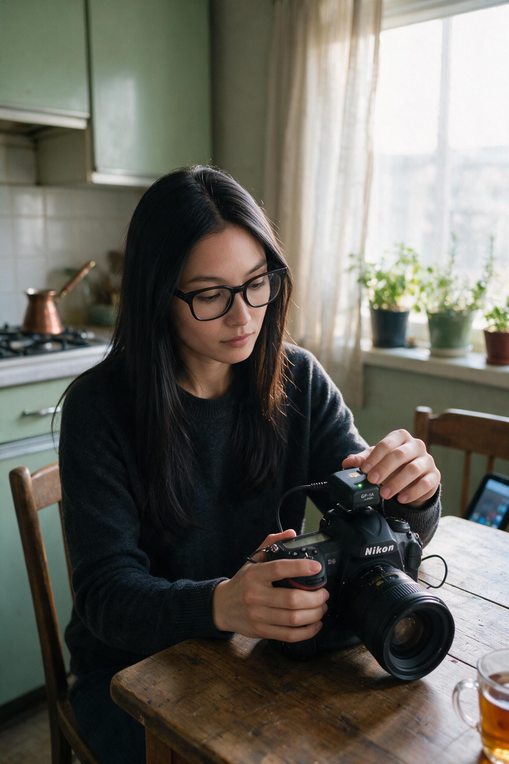 Me at the kitchen table with a Nikon D5 and a small black GP-1A GPS unit on the hot shoe.