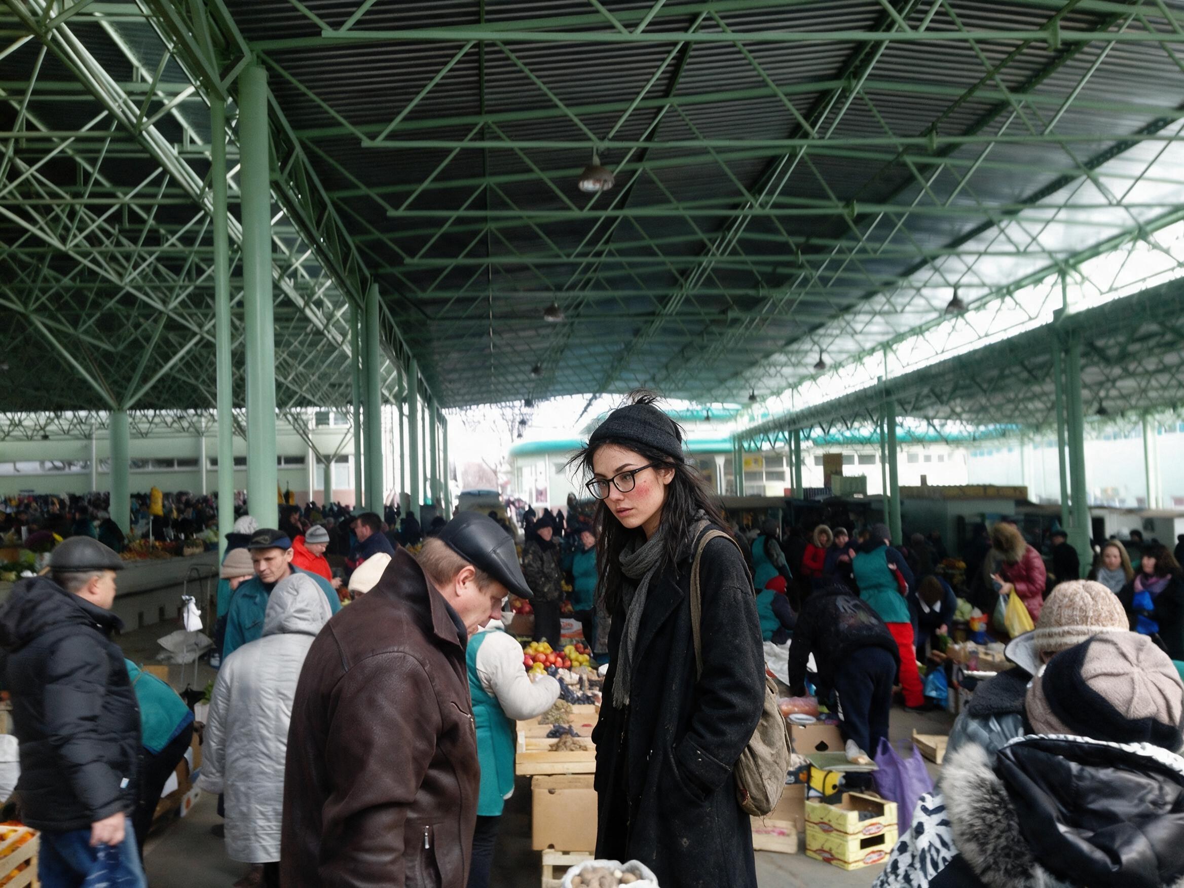 Me among shoppers at stalls in the covered market hall of Tiraspol.