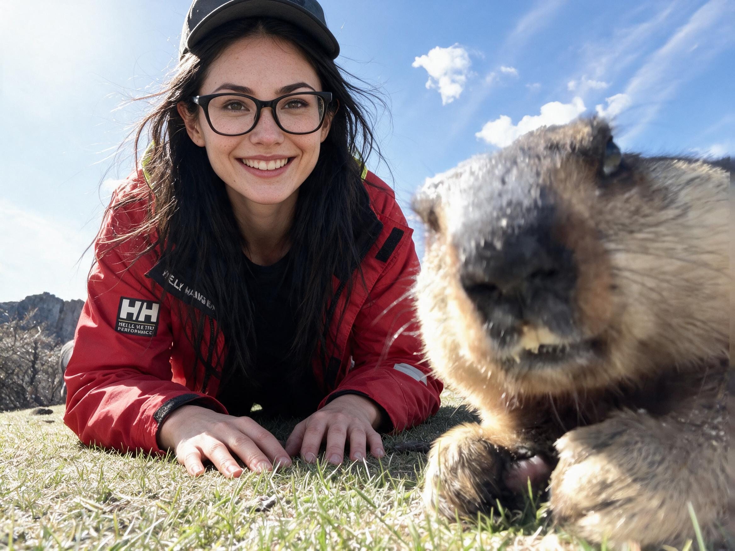 A marmot snout fills the lens; me in a red jacket on the meadow behind it.
