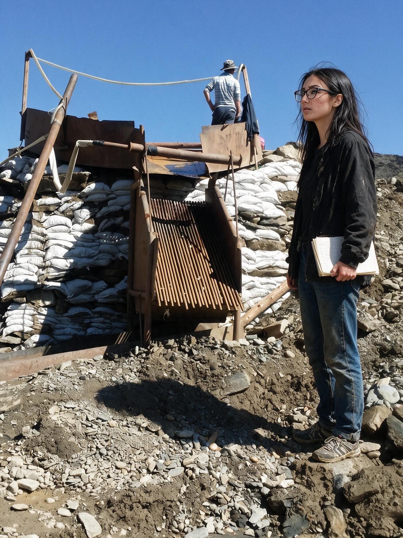 Miners at a hand-built gold-washing sluice. Me at the edge with a notebook.
