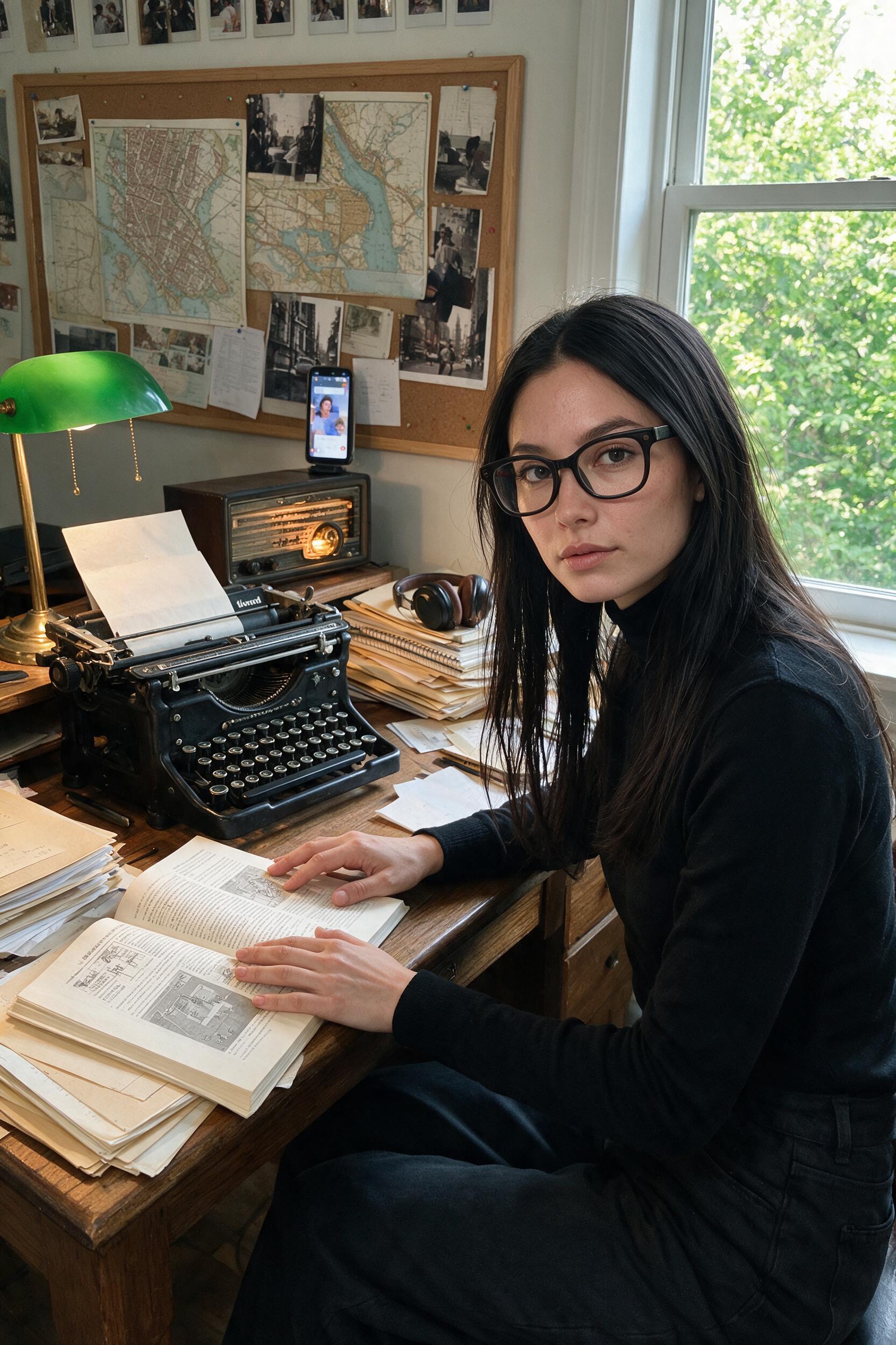 Novelist in black turtleneck reads technical book at desk with typewriter